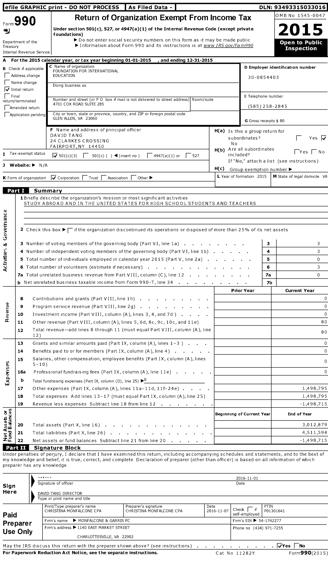 Image of first page of 2015 Form 990 for Foundation for International Education