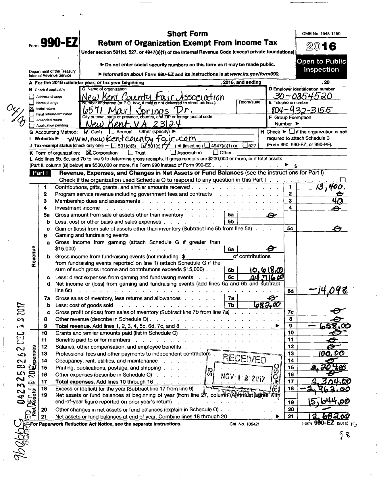 Image of first page of 2016 Form 990EO for New Kent County Fair Association