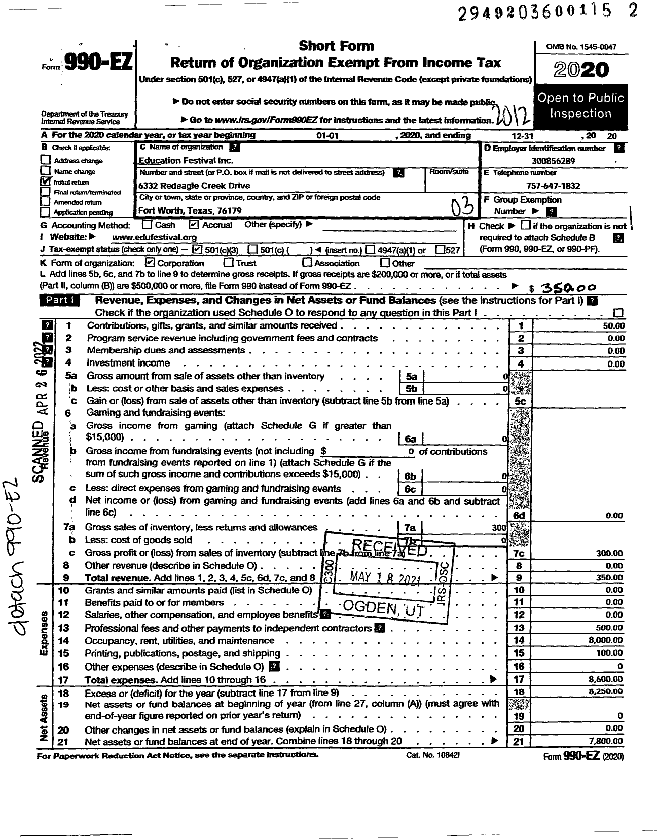 Image of first page of 2020 Form 990EZ for Education Festival