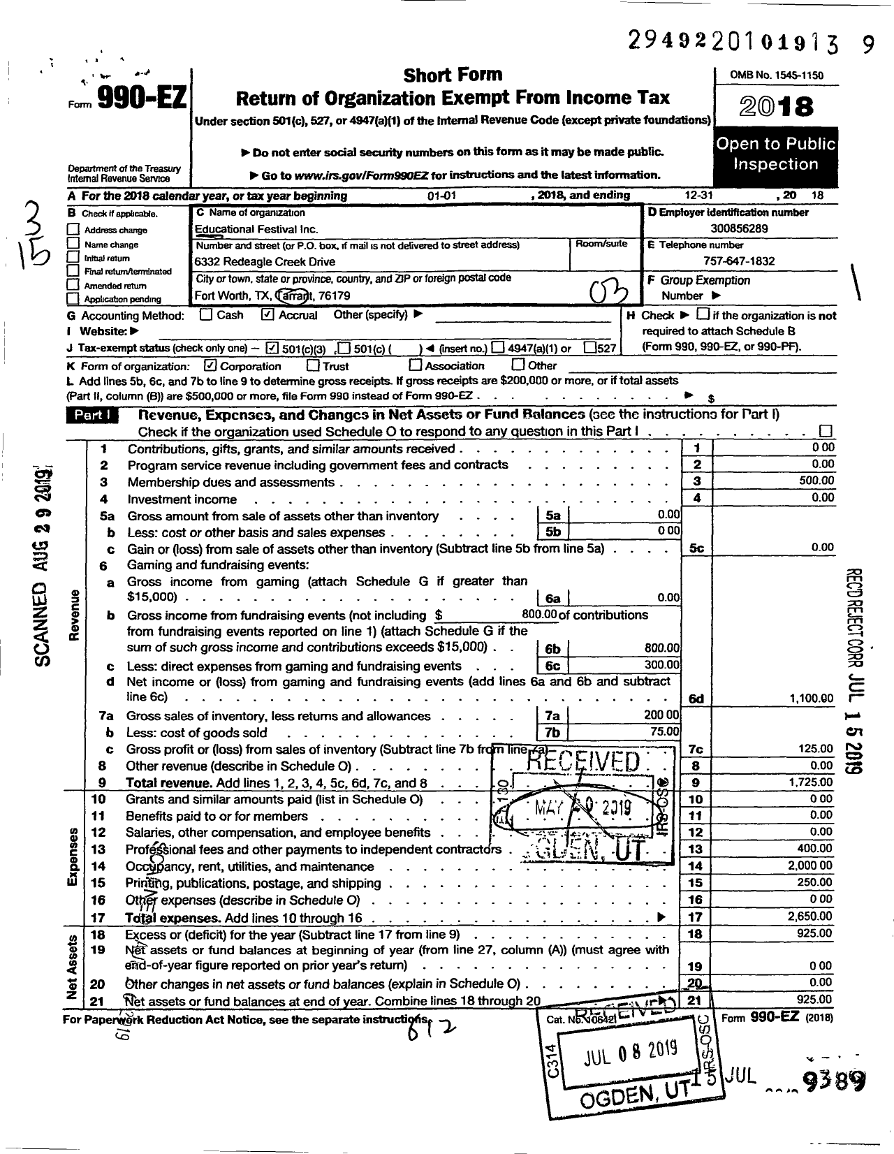 Image of first page of 2018 Form 990EZ for Education Festival