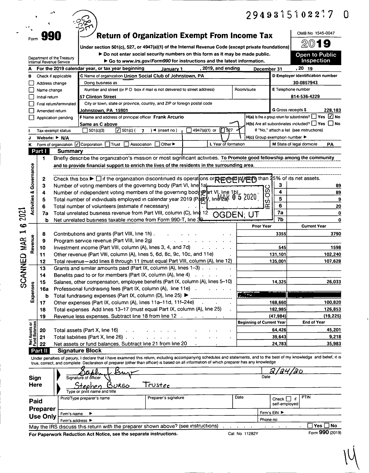 Image of first page of 2019 Form 990O for Union Social Club