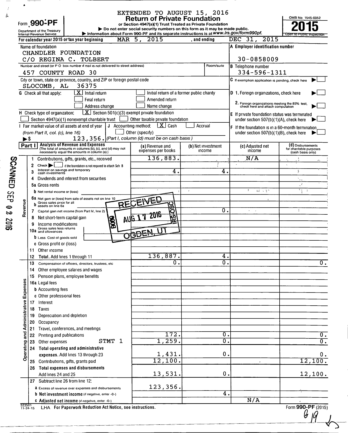 Image of first page of 2015 Form 990PF for Chandler Foundation