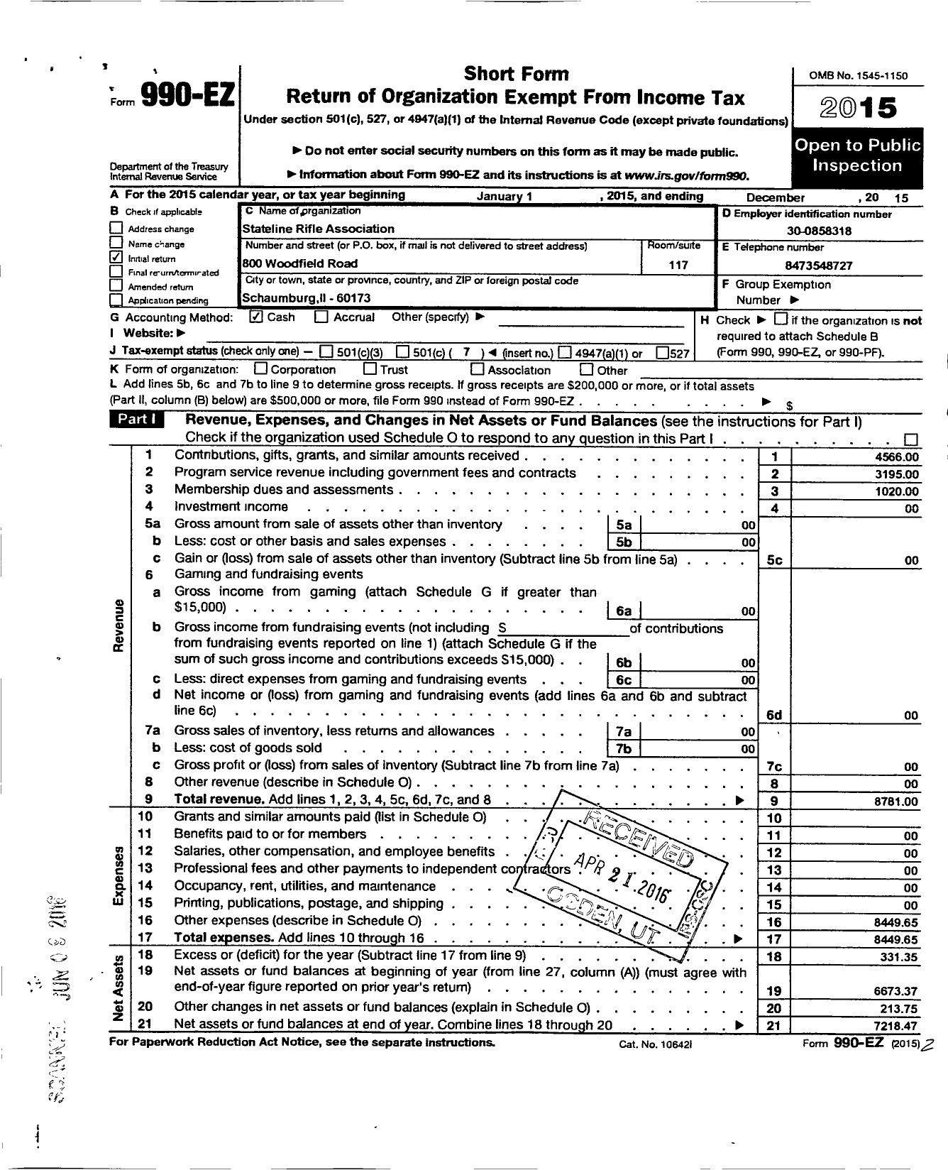 Image of first page of 2015 Form 990EO for State Line Rifle Association