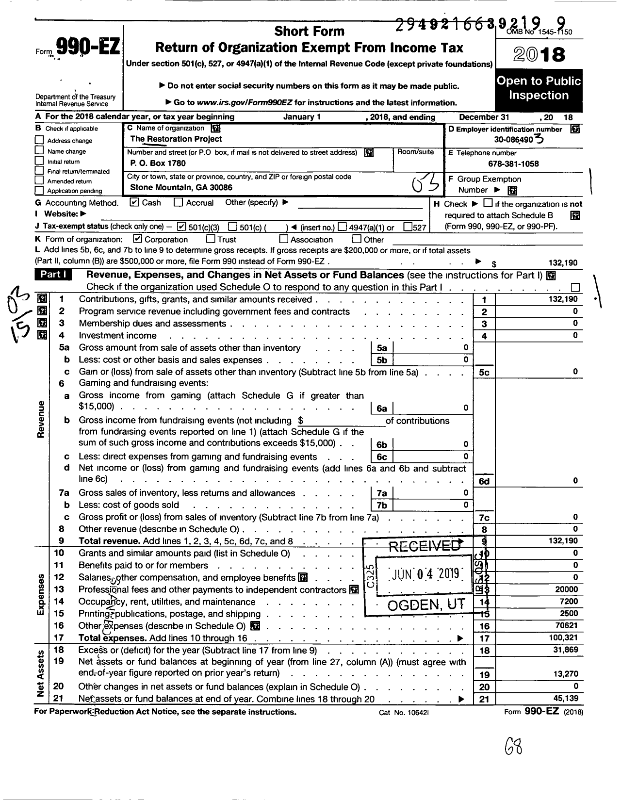 Image of first page of 2018 Form 990EZ for Restoration Project