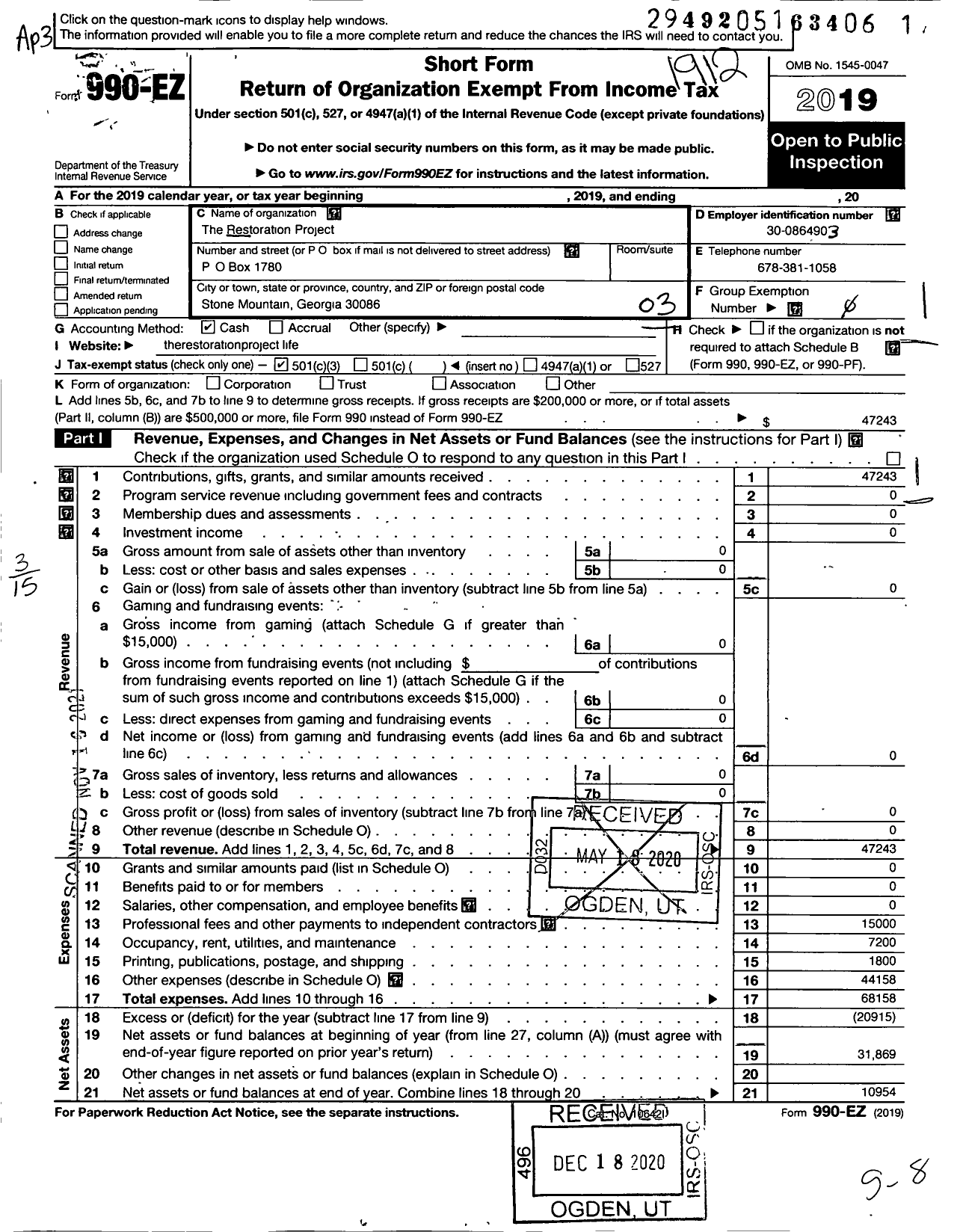 Image of first page of 2019 Form 990EZ for Restoration Project