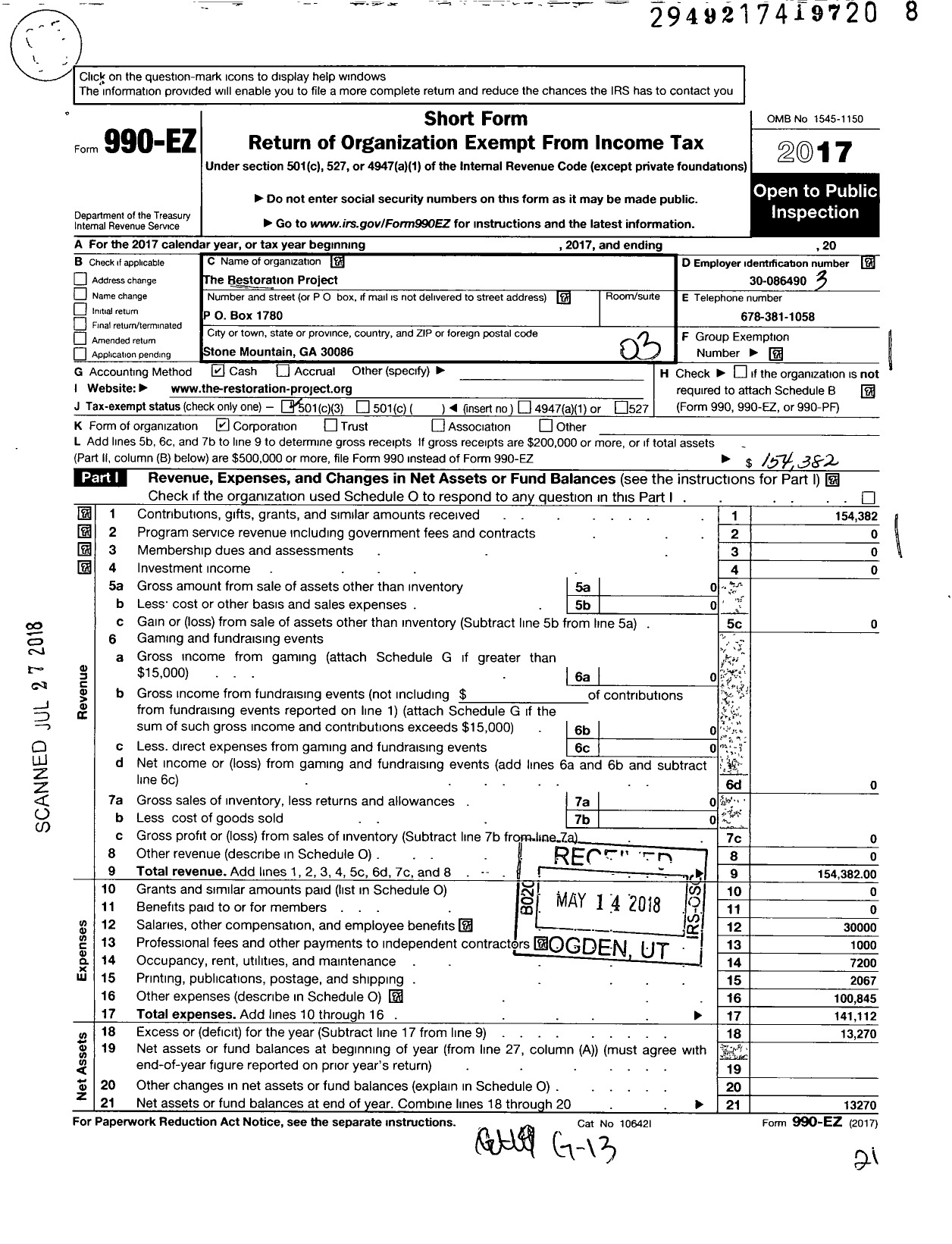 Image of first page of 2017 Form 990EZ for Restoration Project