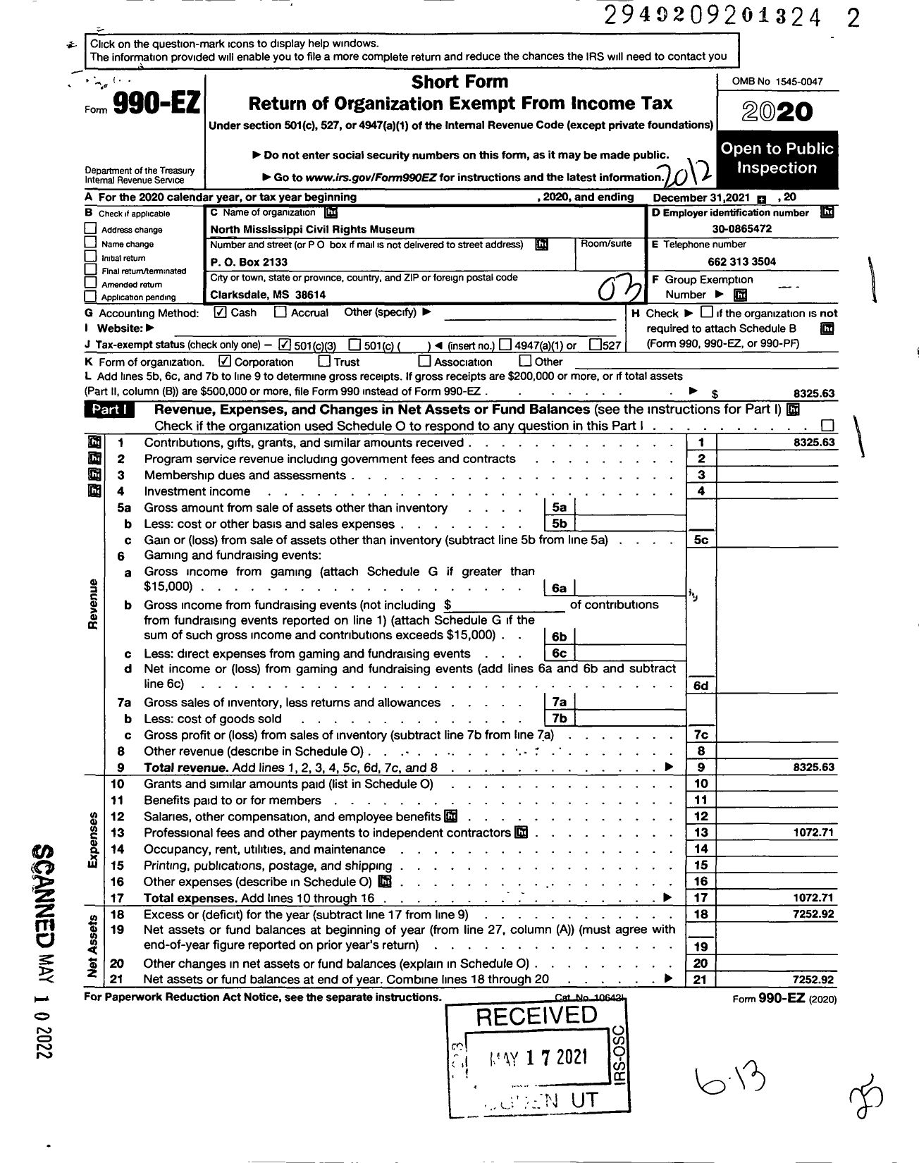 Image of first page of 2020 Form 990EZ for North Mississippi Civil Rights Museum