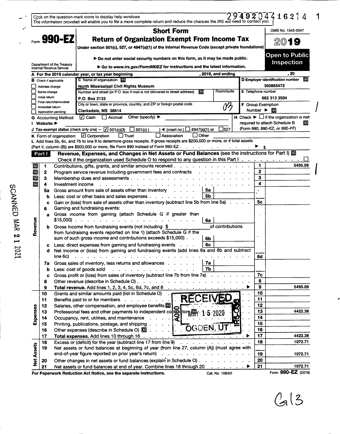 Image of first page of 2019 Form 990EZ for North Mississippi Civil Rights Museum