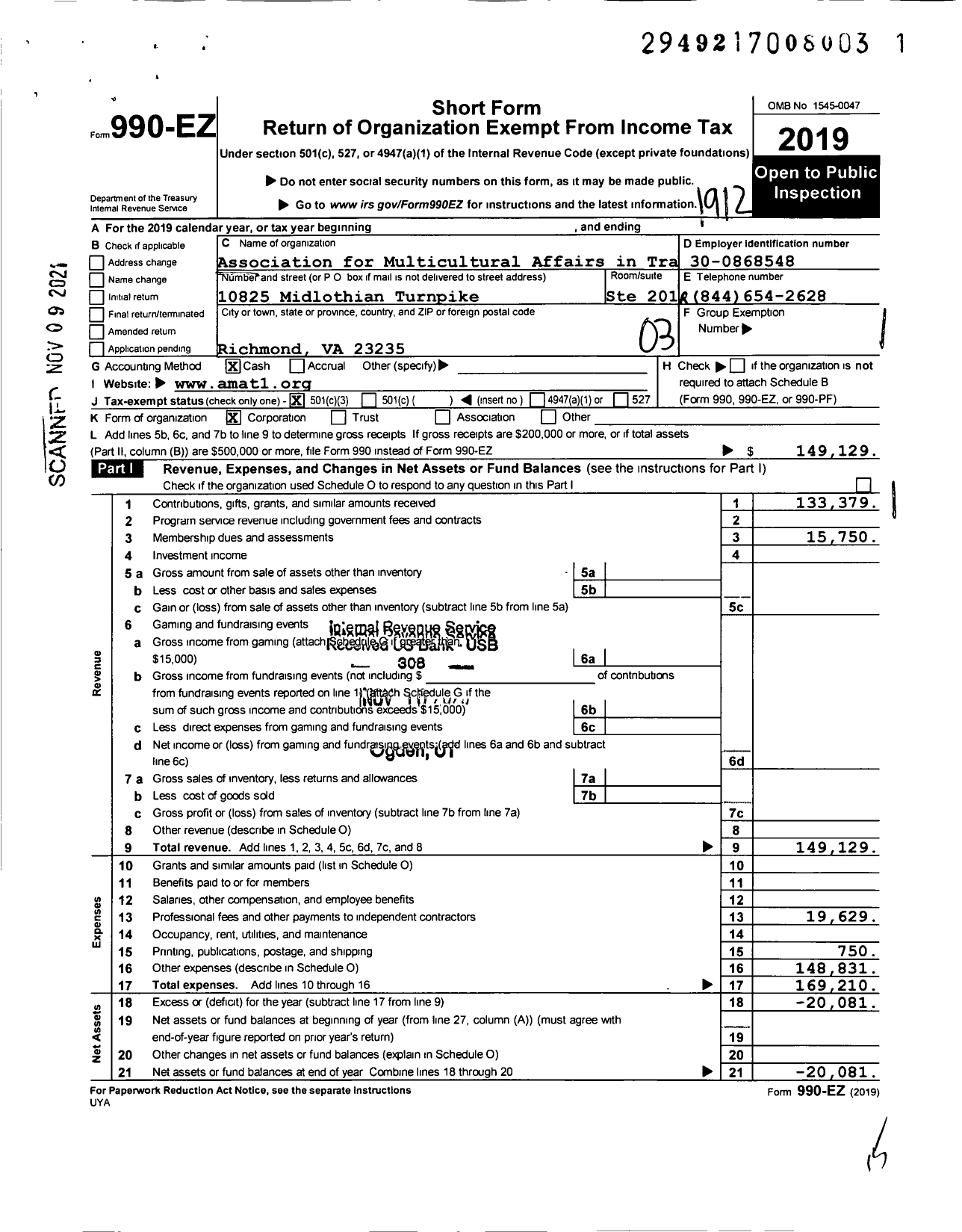 Image of first page of 2019 Form 990EZ for Association for Multicultural Affairs in Transplantation (AMAT)
