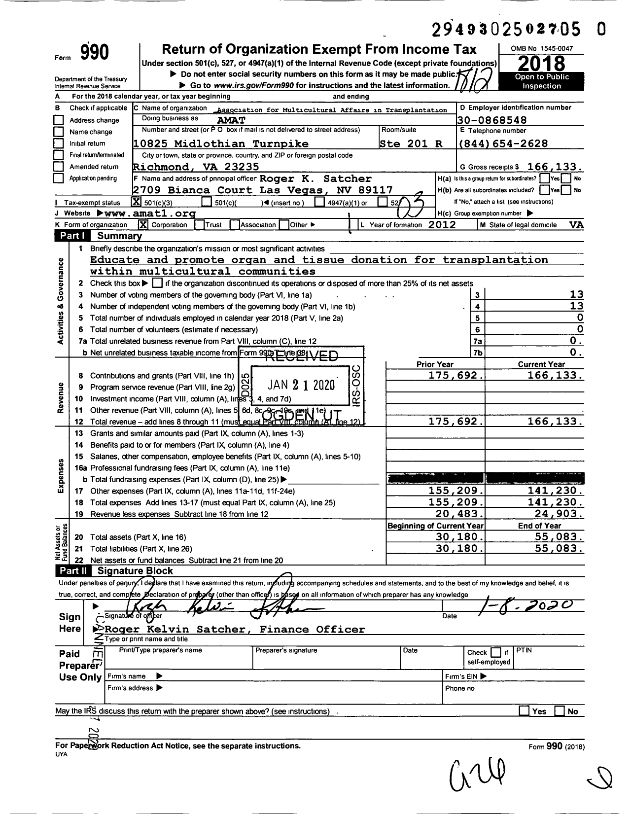 Image of first page of 2018 Form 990 for Association for Multicultural Affairs in Transplantation (AMAT)