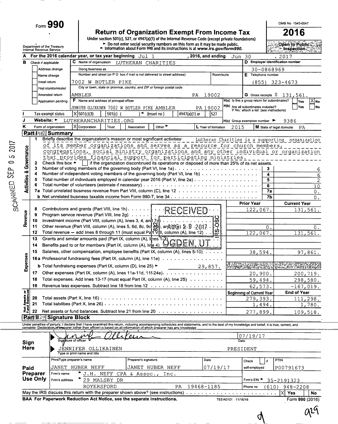 Image of first page of 2016 Form 990 for Lutheran Charities