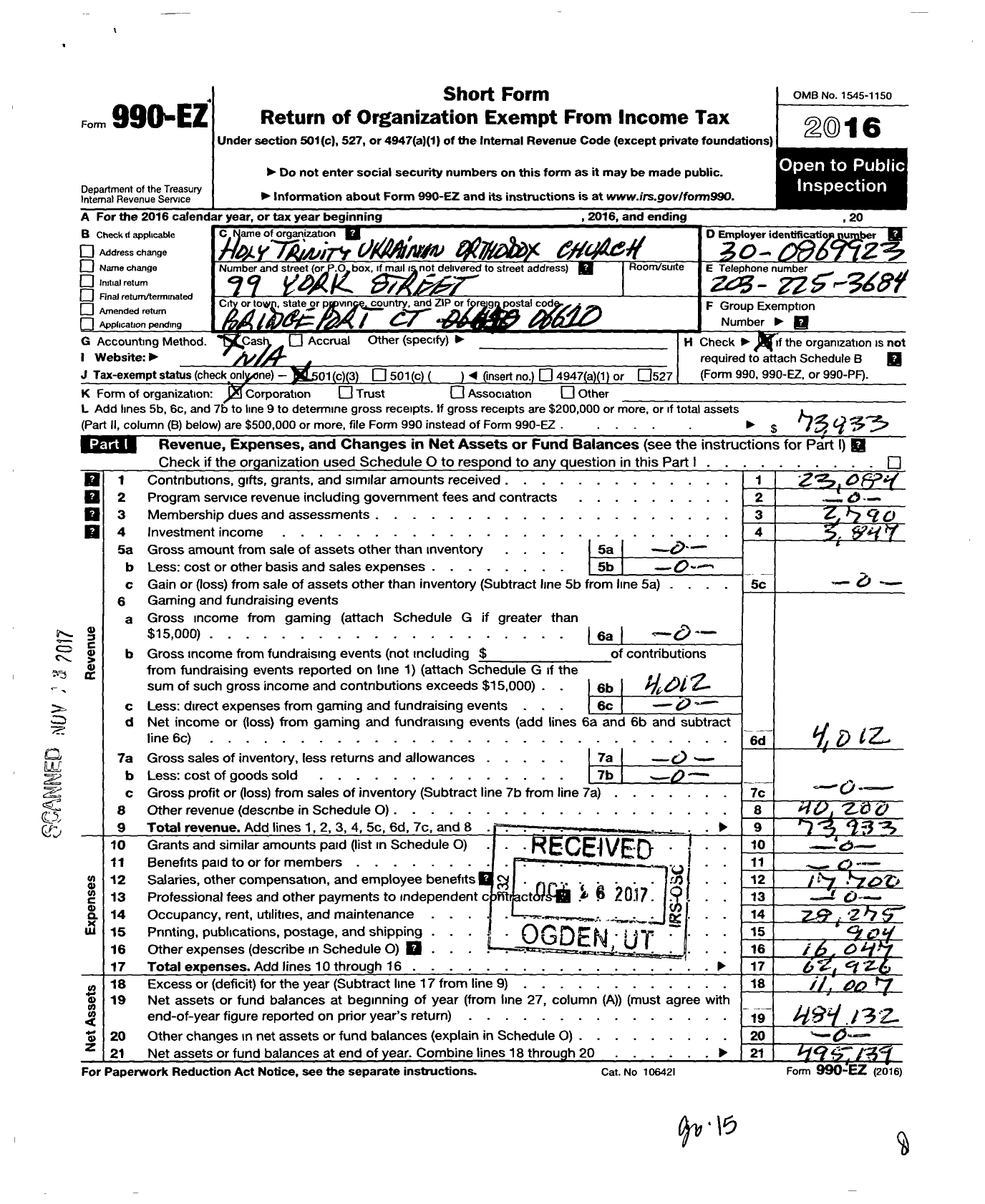 Image of first page of 2016 Form 990EZ for Holy Trinity Ukrainian Orthodox Church