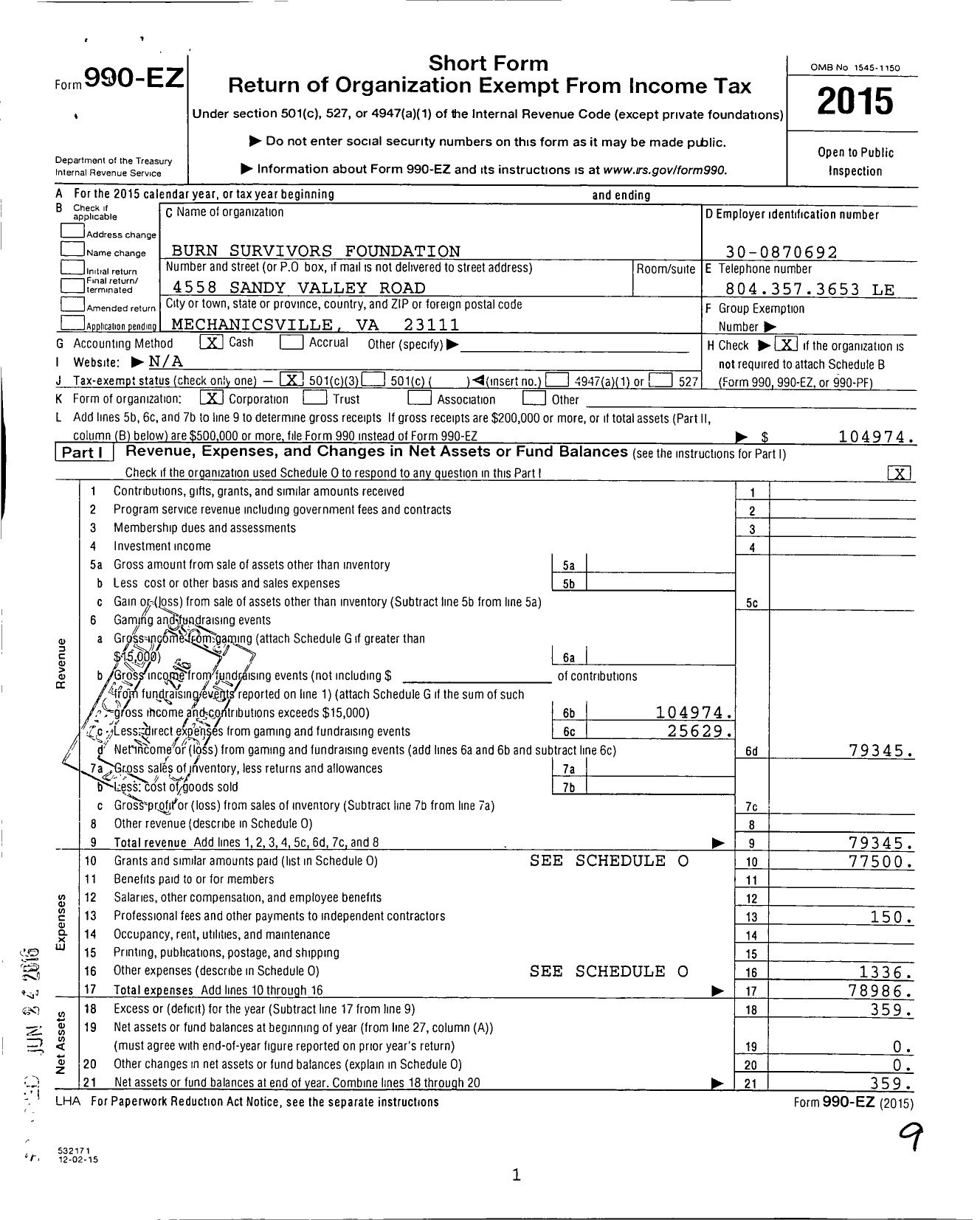 Image of first page of 2015 Form 990EZ for Burn Survivors Foundation