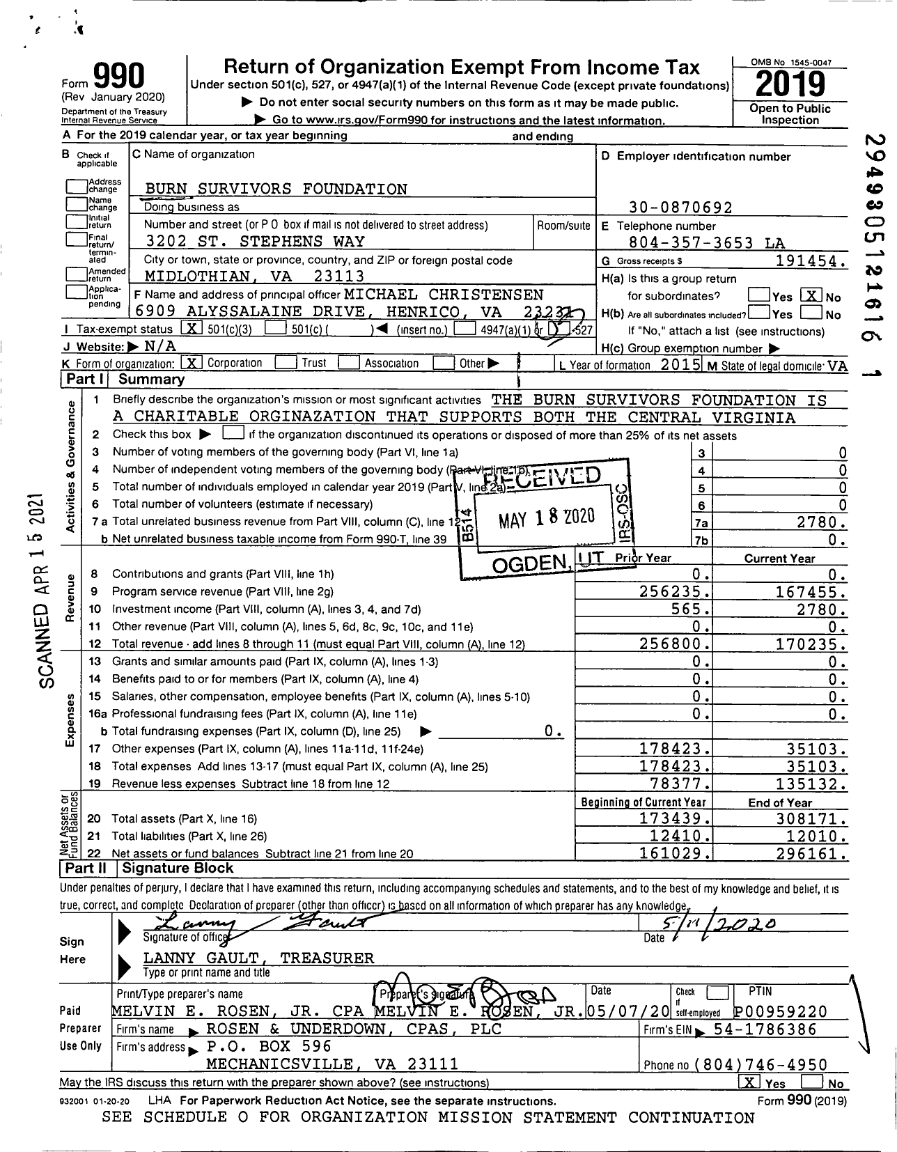 Image of first page of 2019 Form 990 for Burn Survivors Foundation