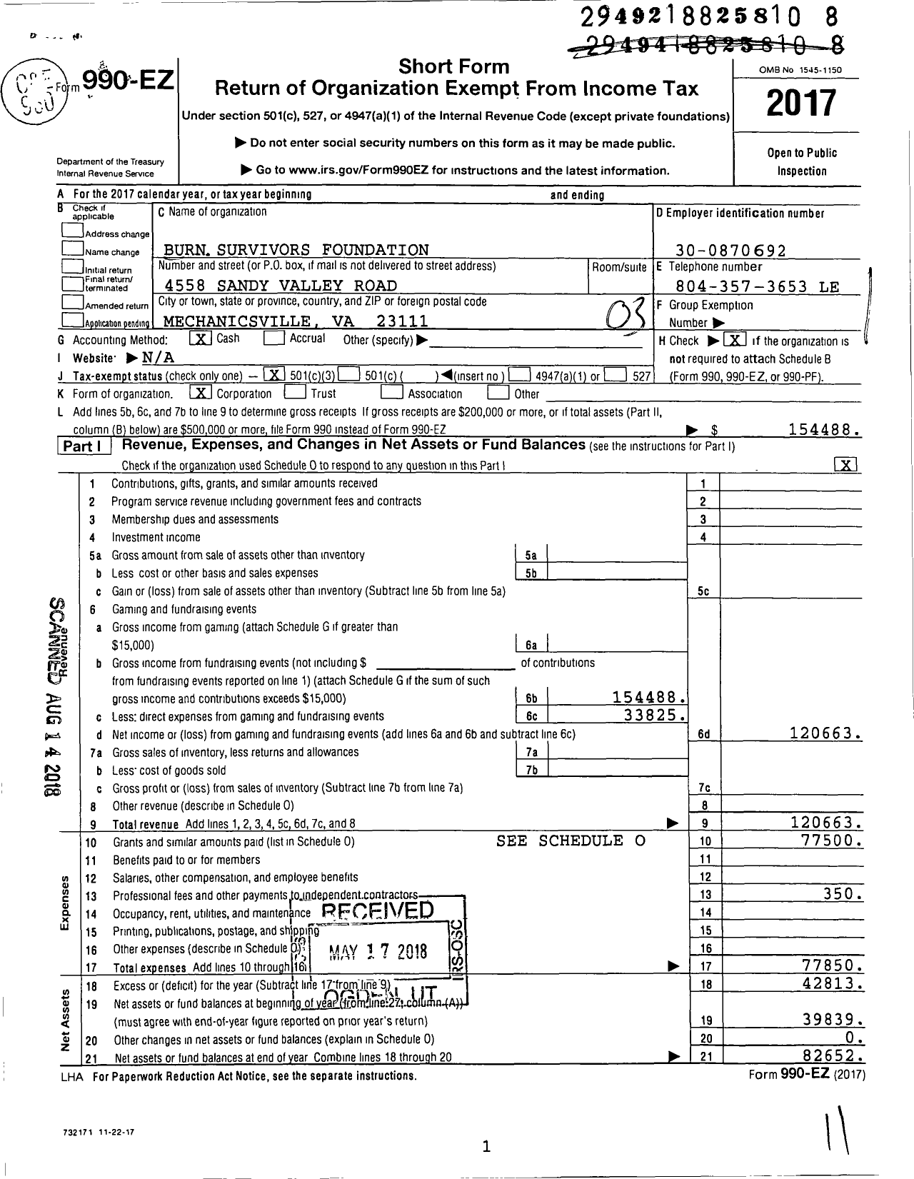 Image of first page of 2017 Form 990EZ for Burn Survivors Foundation