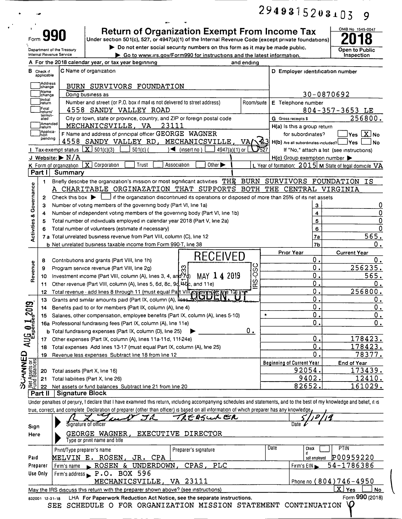 Image of first page of 2018 Form 990 for Burn Survivors Foundation