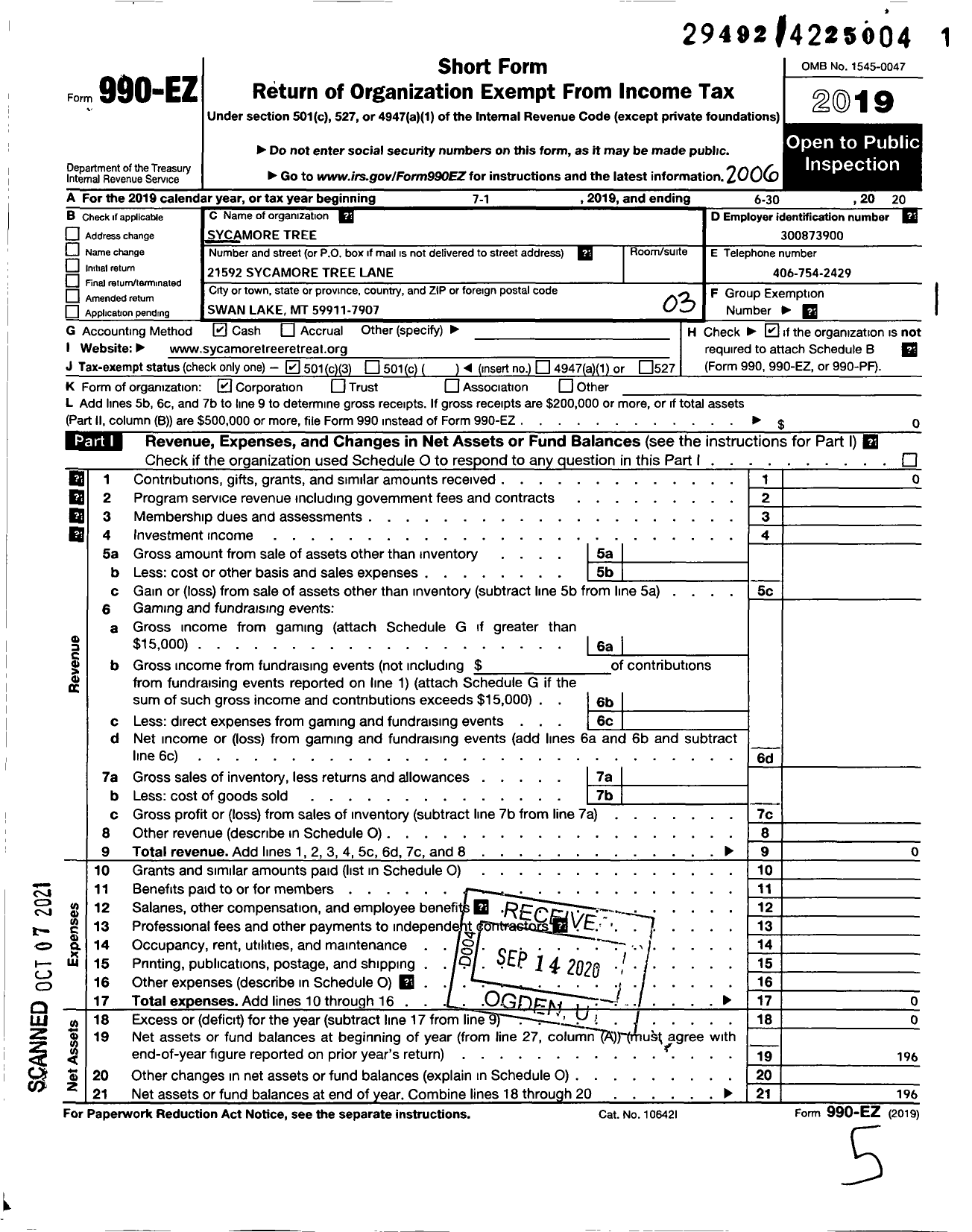 Image of first page of 2019 Form 990EZ for Sycamore Tree