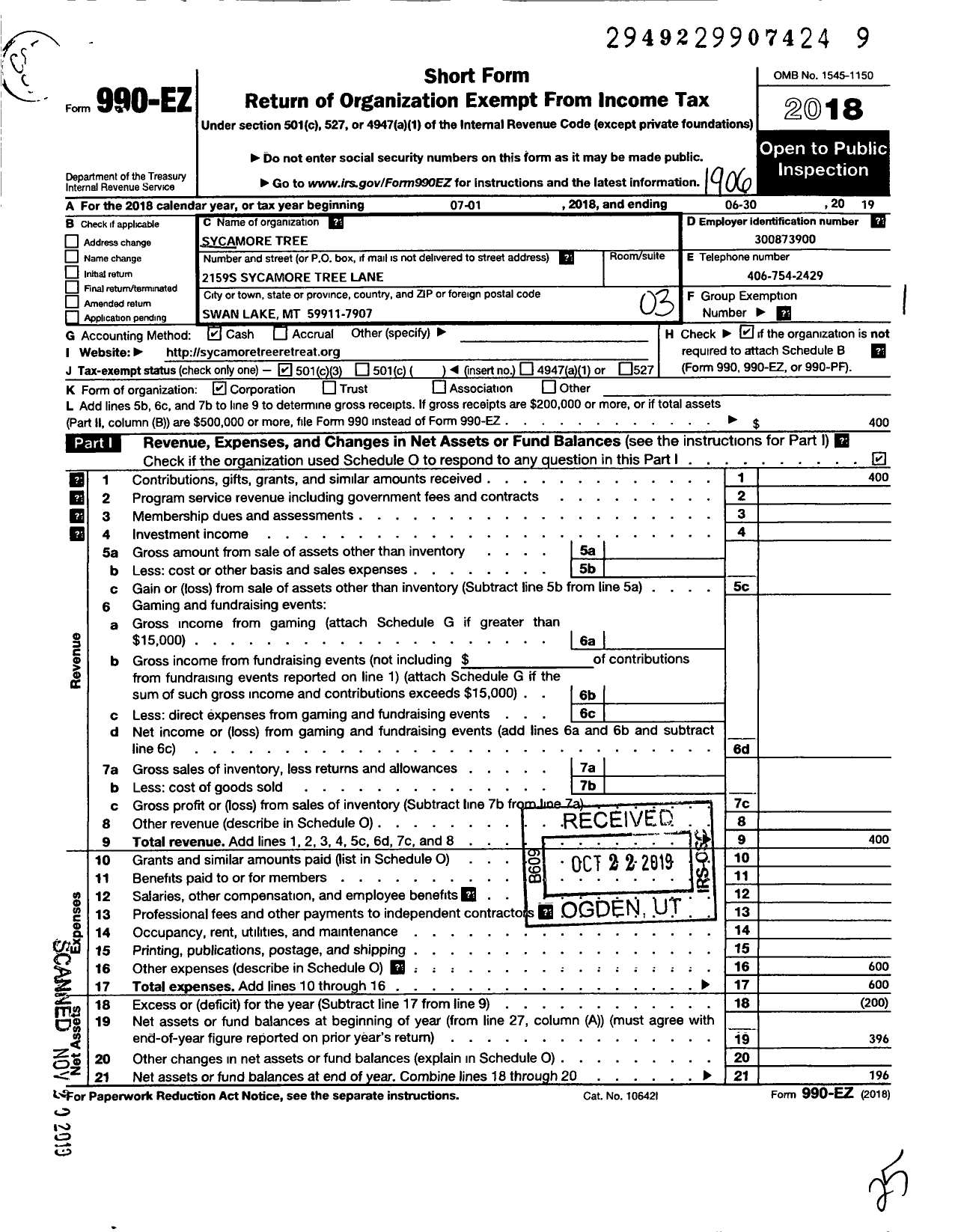 Image of first page of 2018 Form 990EZ for Sycamore Tree