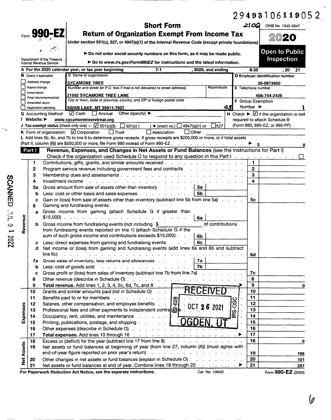 Image of first page of 2020 Form 990EZ for Sycamore Tree