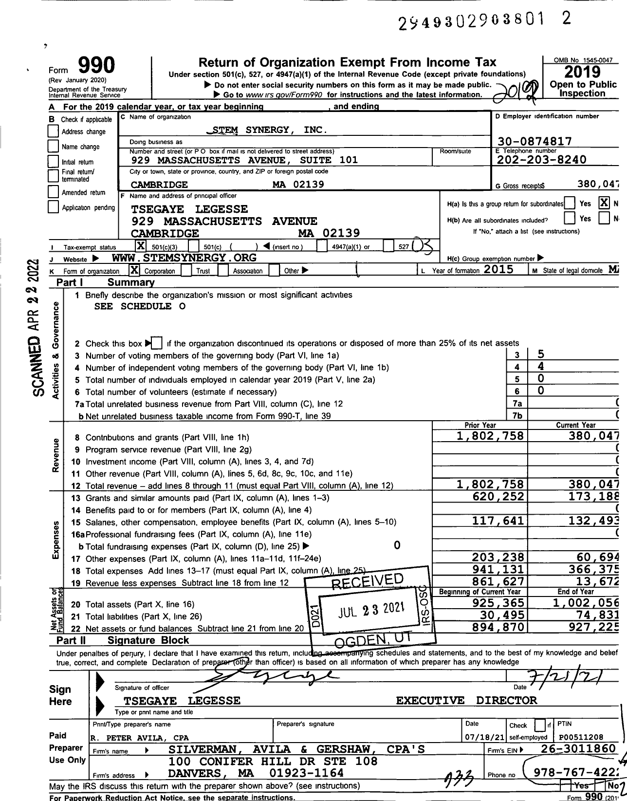 Image of first page of 2019 Form 990 for Stem Synergy