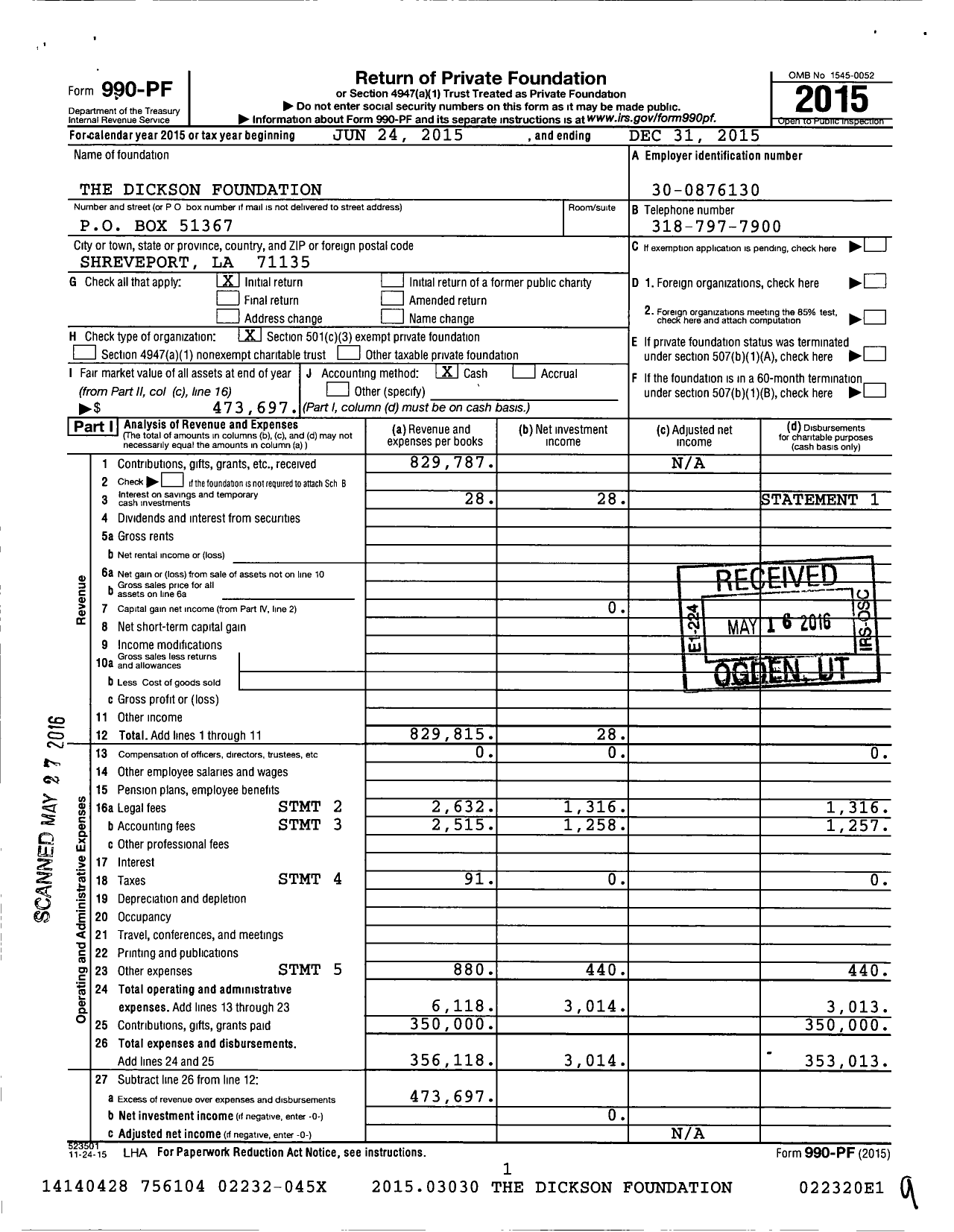 Image of first page of 2015 Form 990PF for The Dickson Foundation
