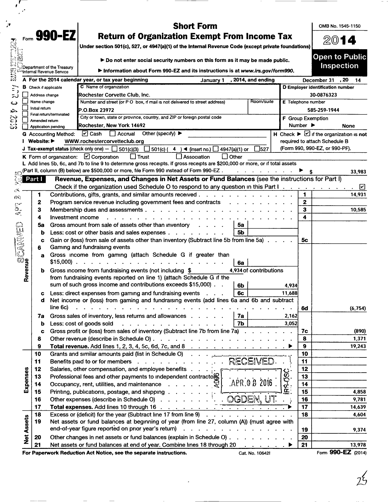 Image of first page of 2014 Form 990EO for Rochester Corvette Club