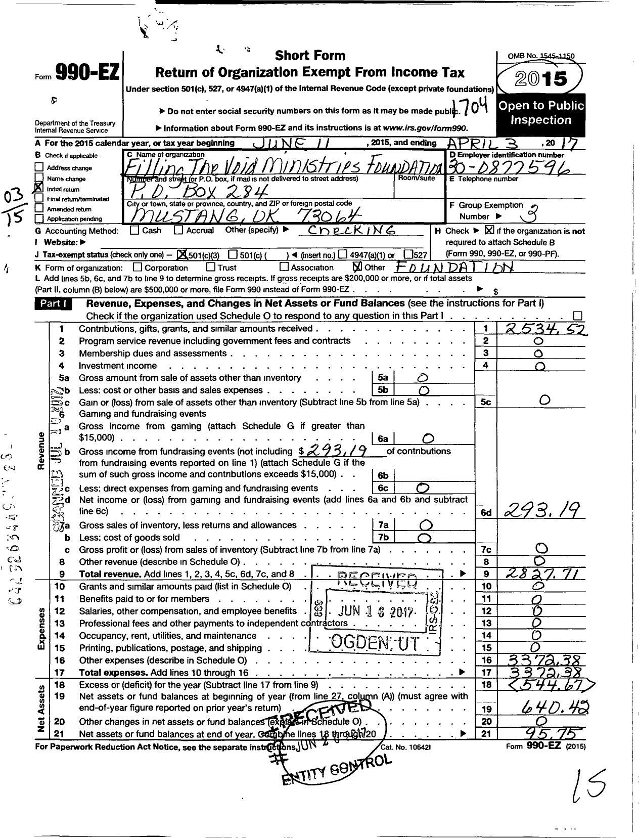 Image of first page of 2016 Form 990EZ for Faithful Hearts Restoration Ministry Foundation