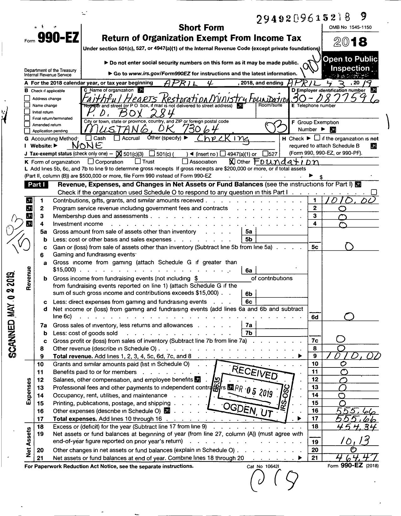 Image of first page of 2018 Form 990EZ for Faithful Hearts Restoration Ministry Foundation