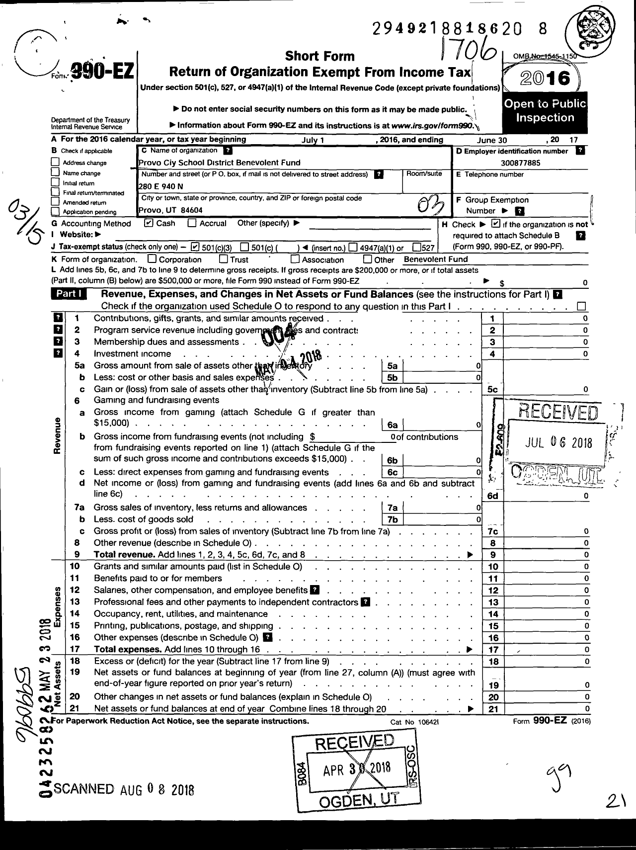 Image of first page of 2016 Form 990 for Provo City School District Benevolent Fund