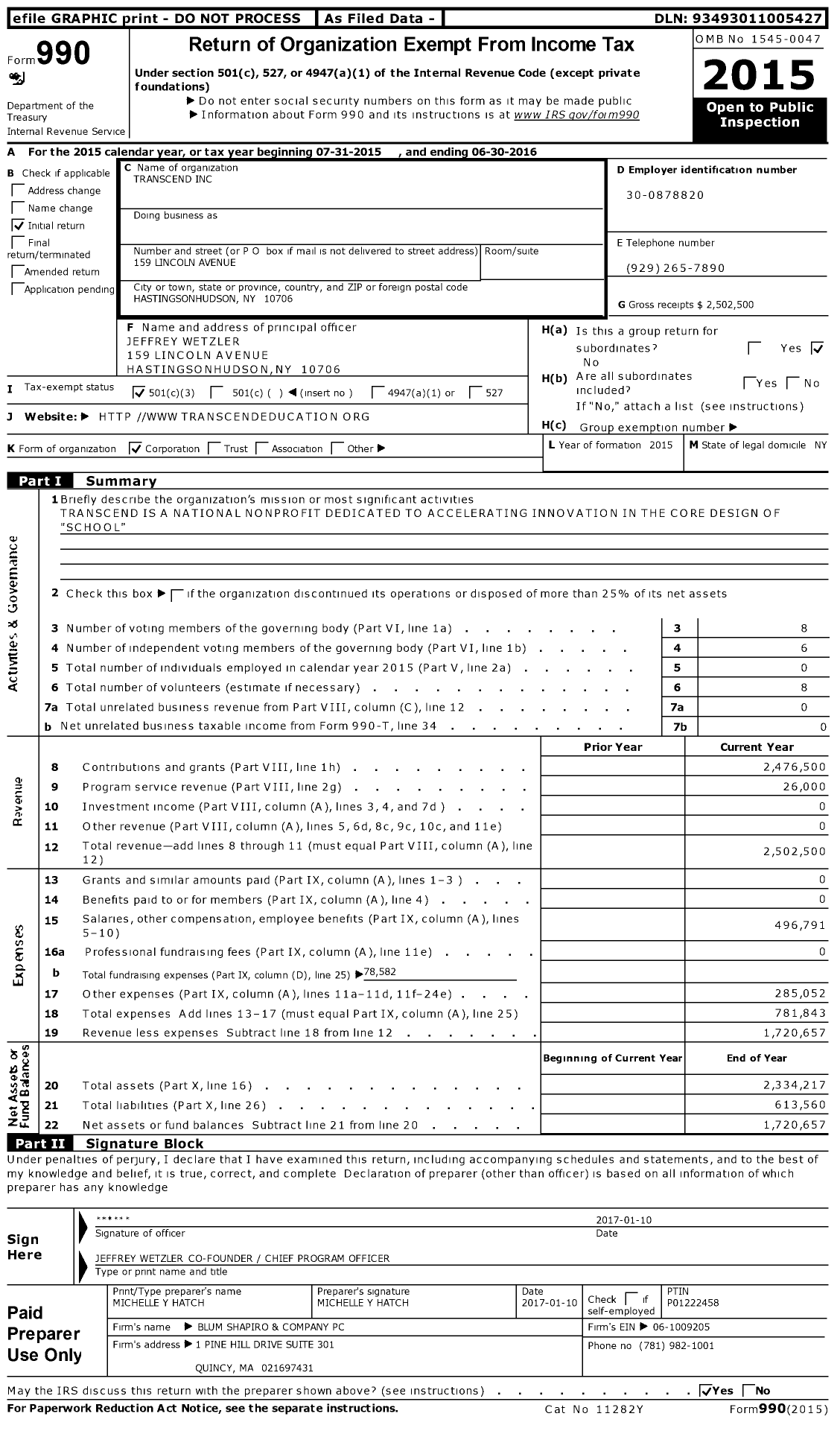 Image of first page of 2015 Form 990 for Transcend