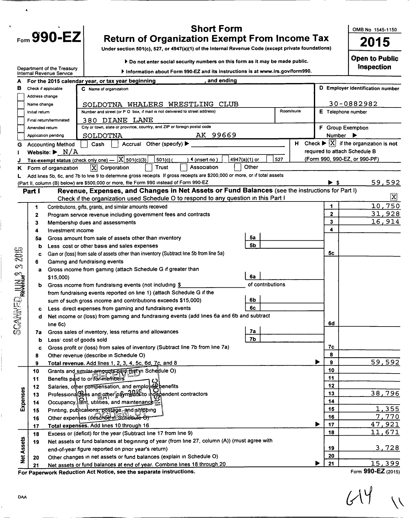 Image of first page of 2015 Form 990EZ for Soldotna Whalers Wrestling Club