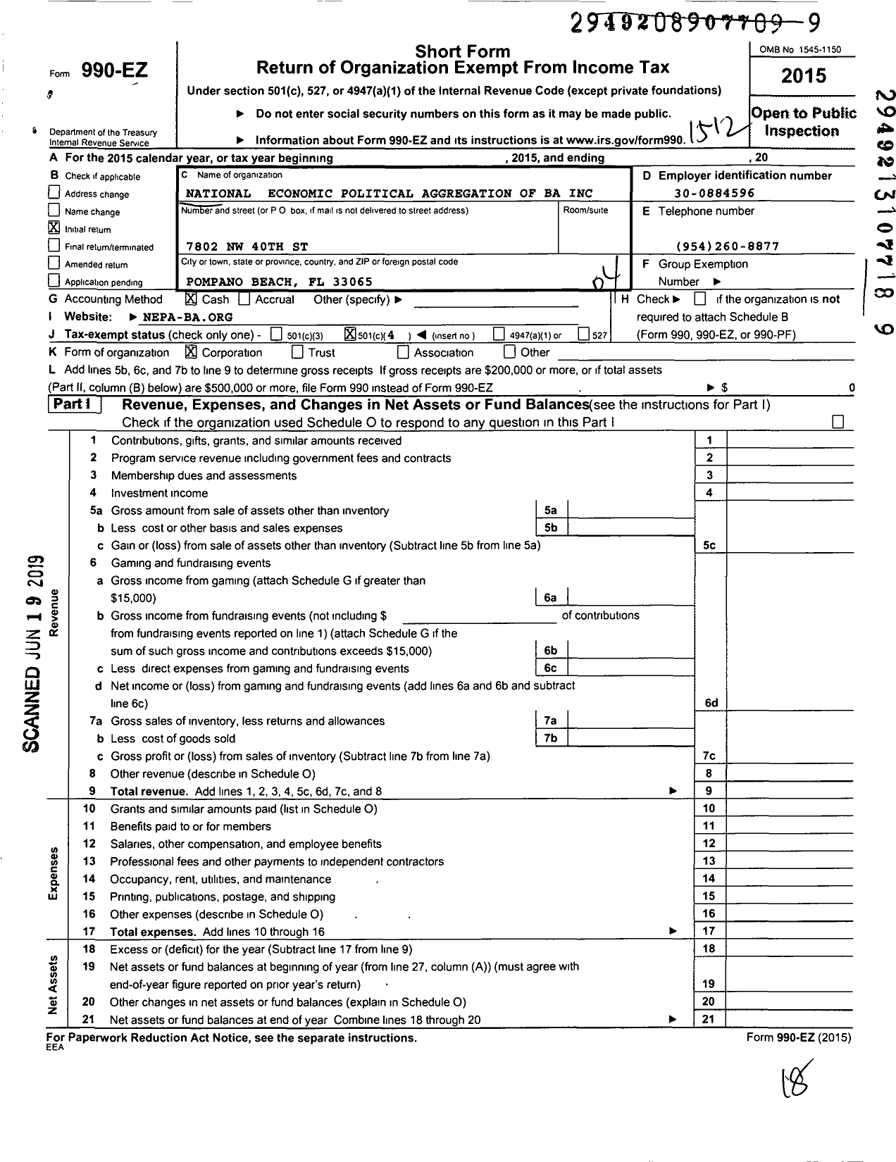 Image of first page of 2015 Form 990EO for National Economic Political Aggregation Ba