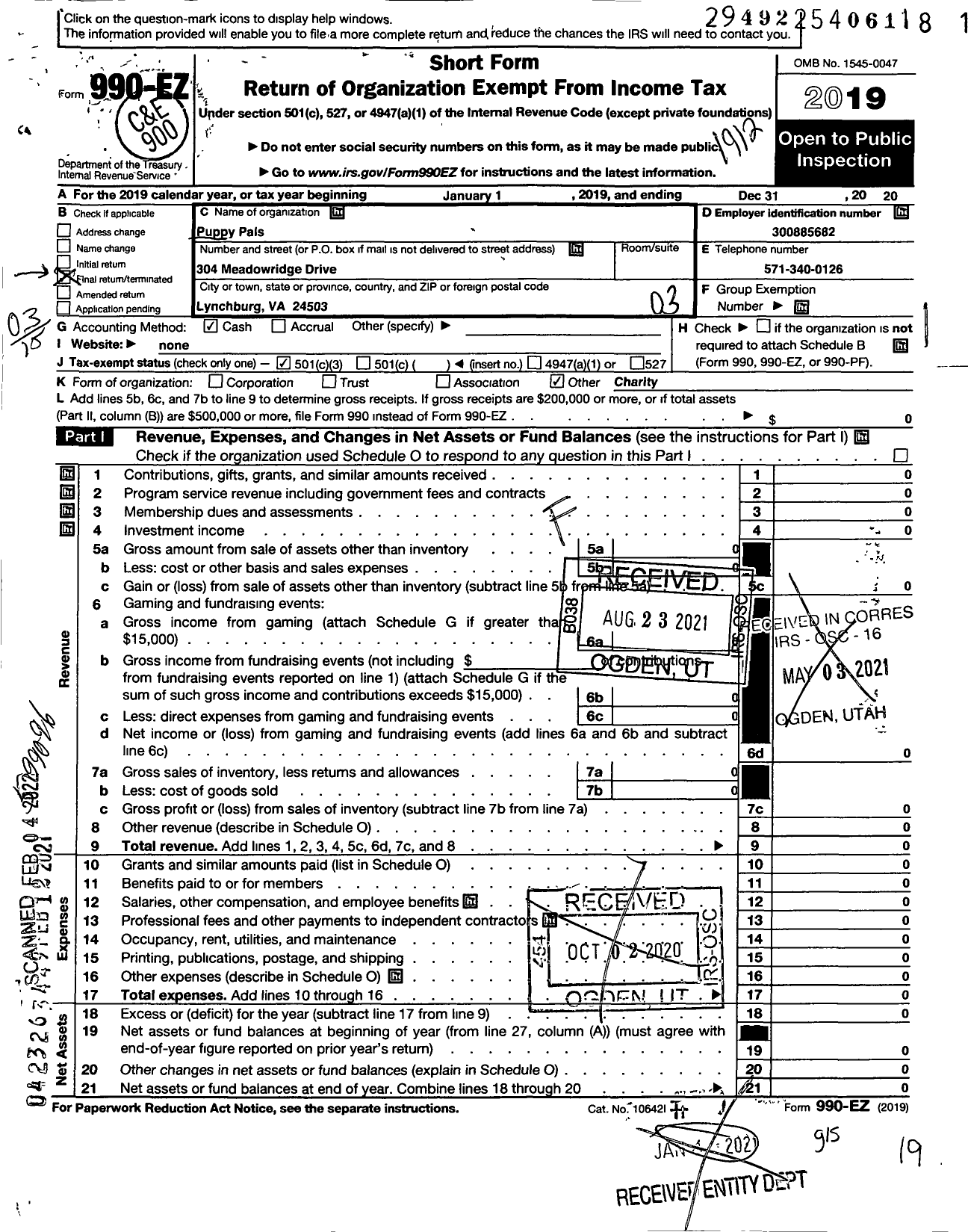 Image of first page of 2019 Form 990EZ for Puppy Pals