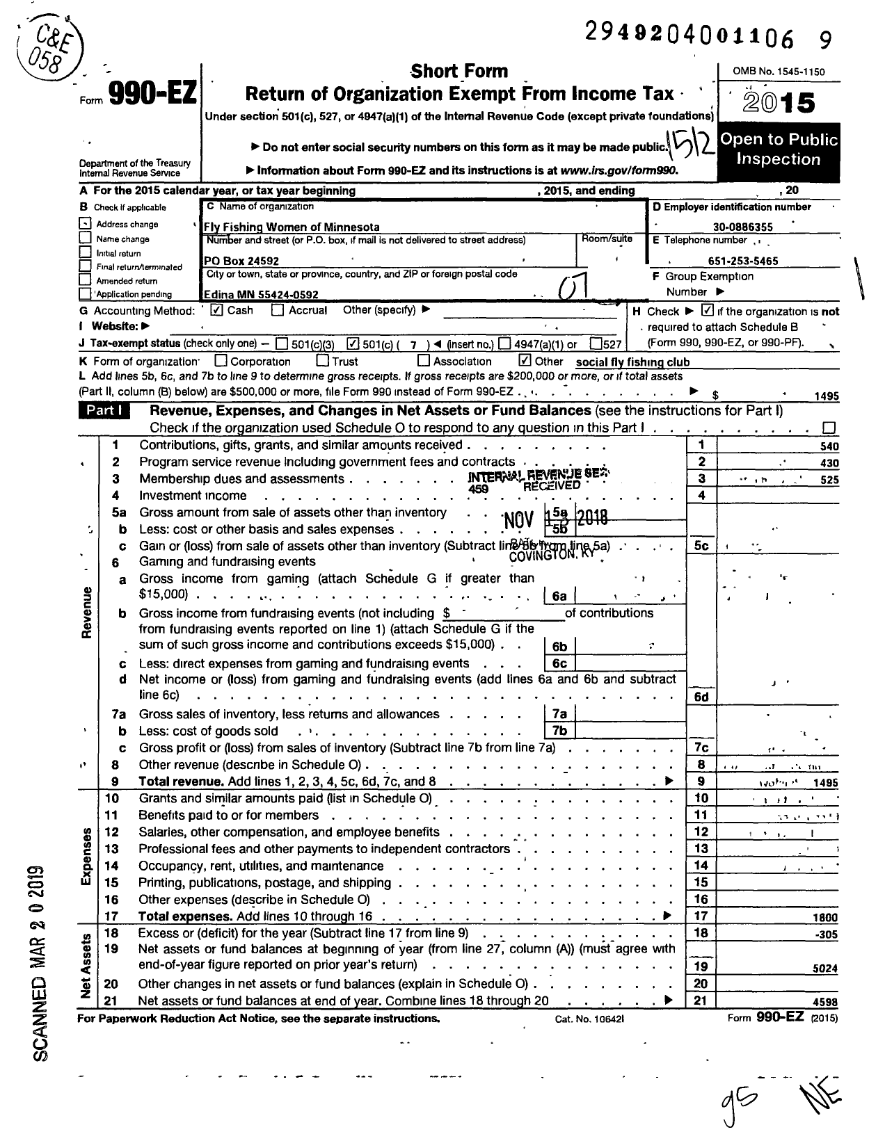 Image of first page of 2015 Form 990EO for Fly Fishing Women of Minnesota