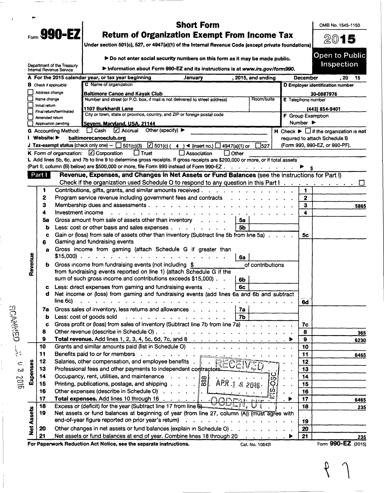 Image of first page of 2015 Form 990EO for Baltimore Canoe and Kayak Club