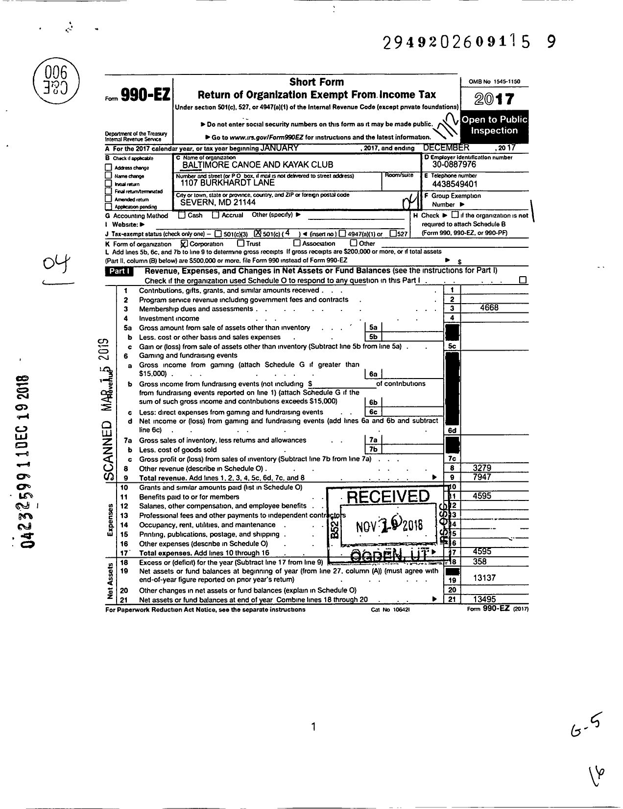 Image of first page of 2017 Form 990EO for Baltimore Canoe and Kayak Club