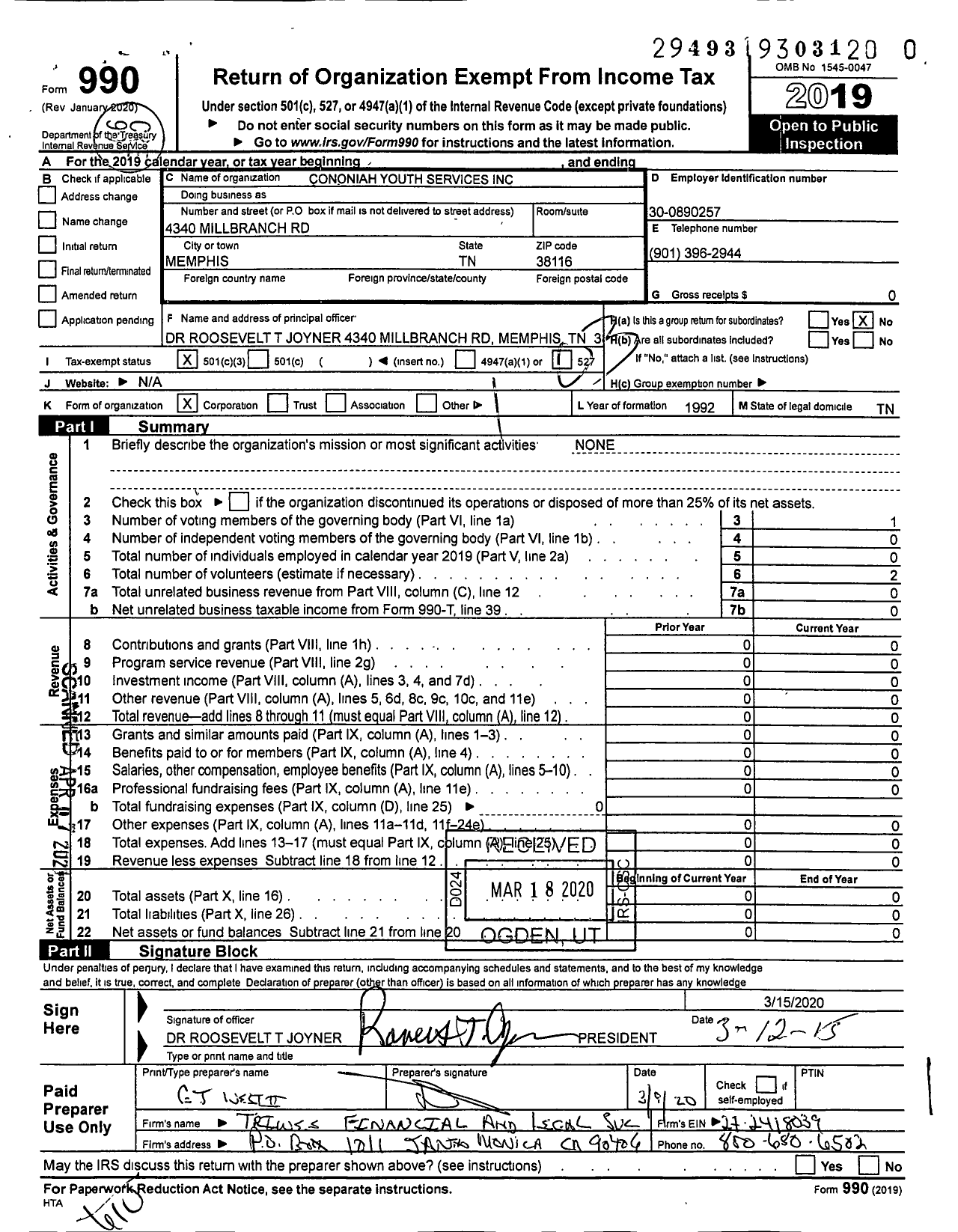 Image of first page of 2019 Form 990 for Cononiah Youth Services