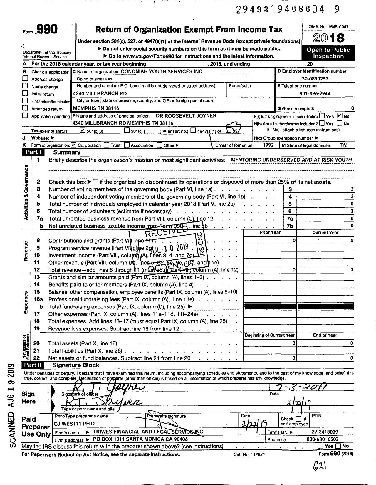 Image of first page of 2018 Form 990 for Cononiah Youth Services