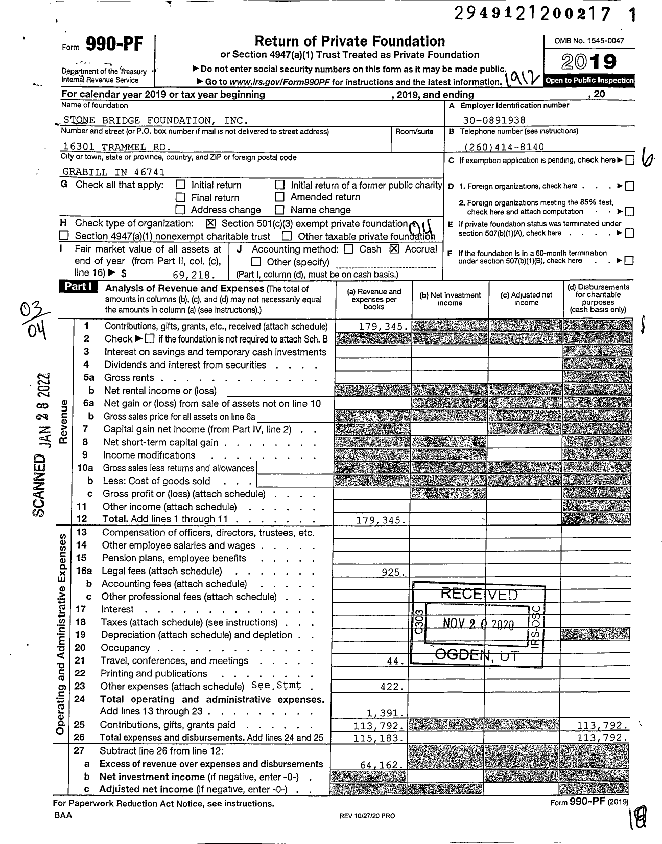 Image of first page of 2019 Form 990PF for Stone Bridge Foundation