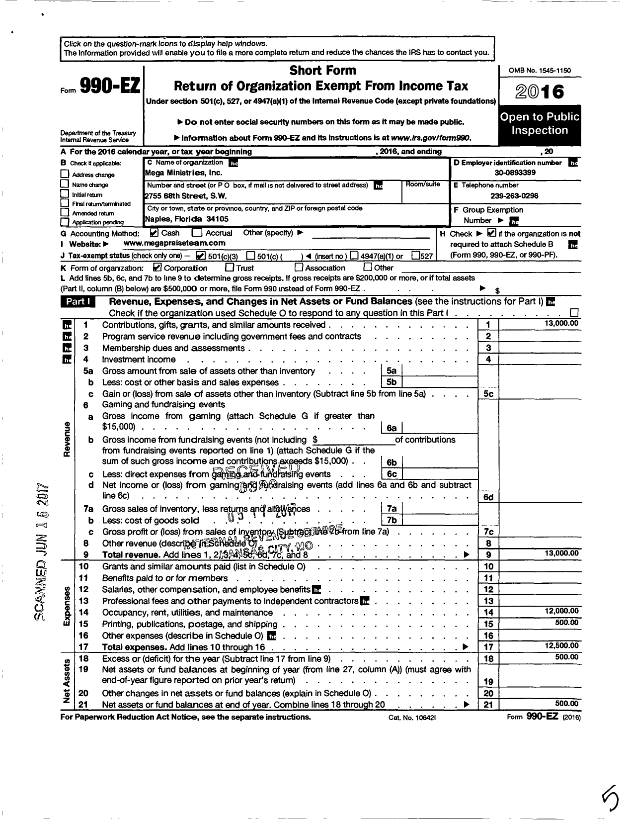 Image of first page of 2016 Form 990EZ for Mega Ministries Incorporated