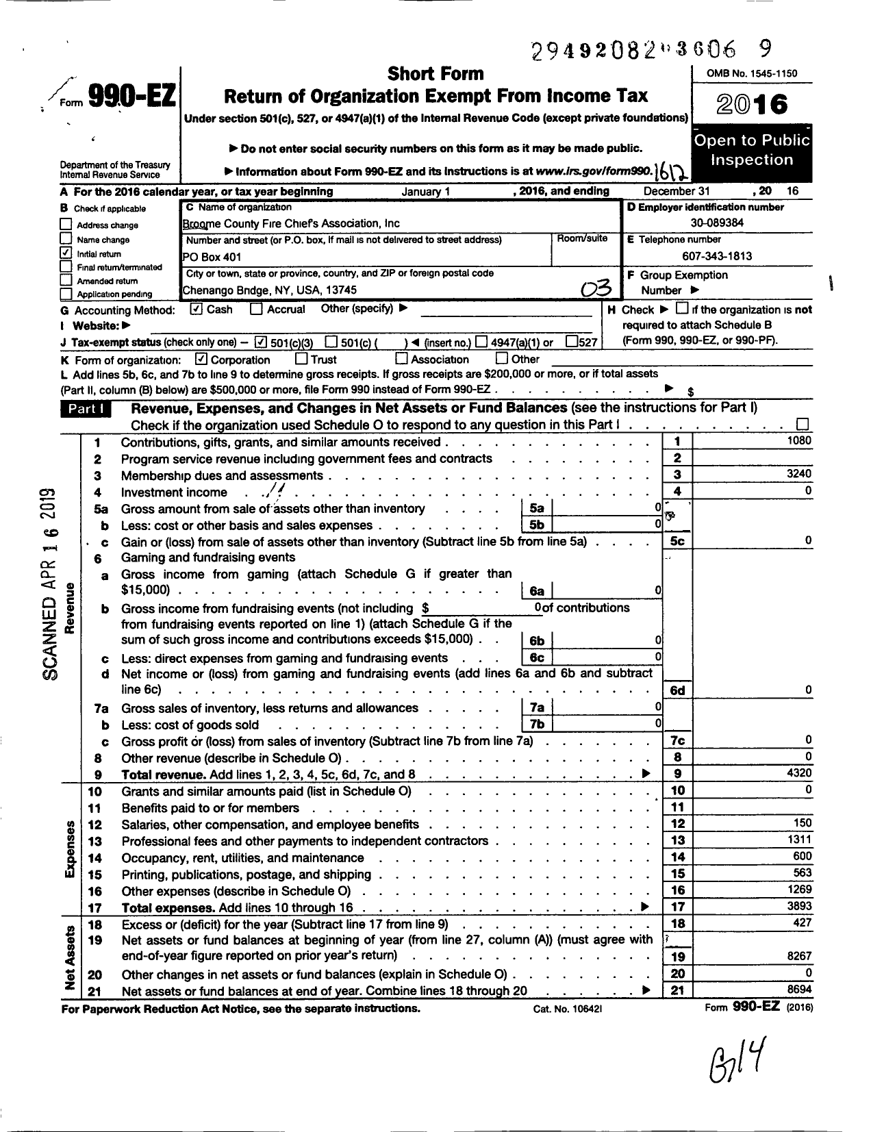 Image of first page of 2016 Form 990EZ for Broome County Fire Chief's
