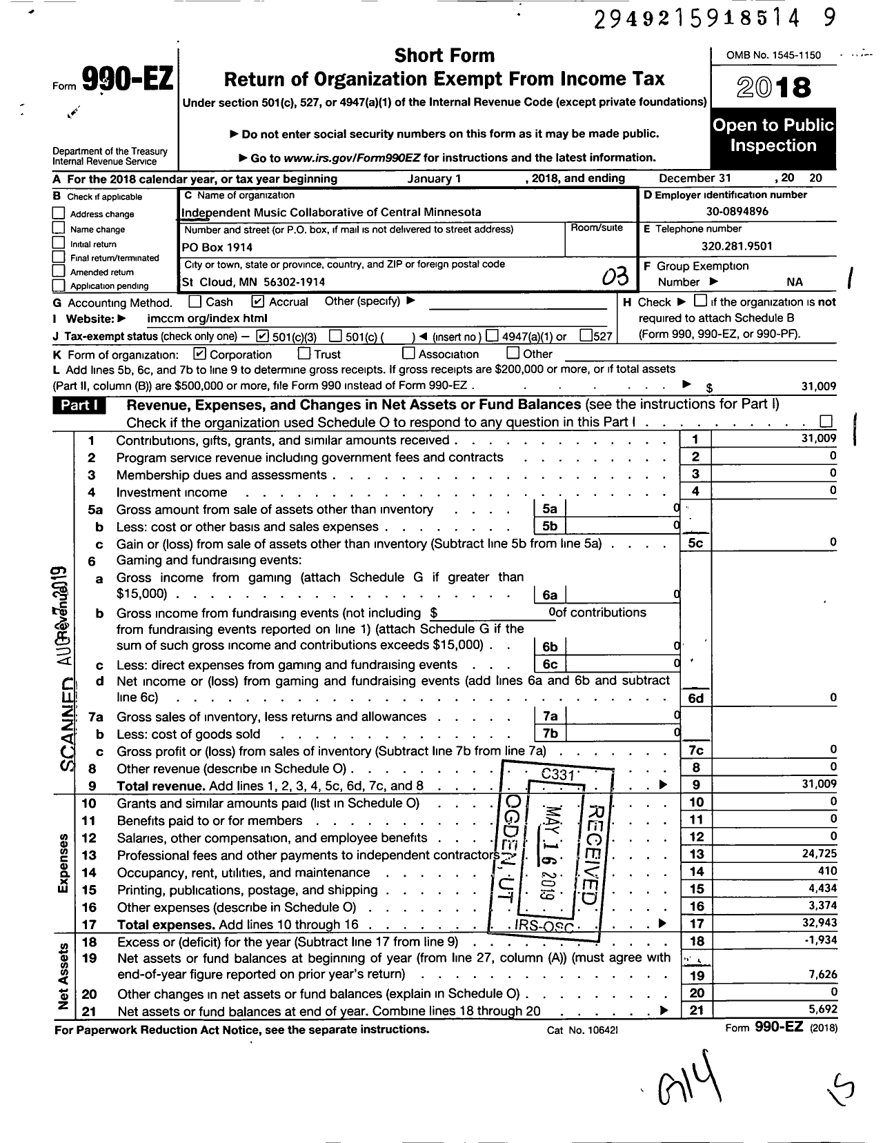 Image of first page of 2018 Form 990EZ for Independent Music Collaborative of Central Minnesota