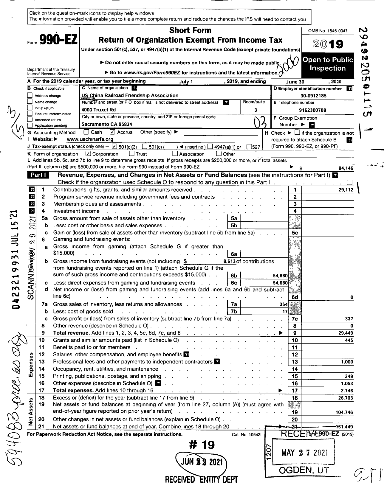 Image of first page of 2019 Form 990EZ for Us - China Railroad Friendship Association