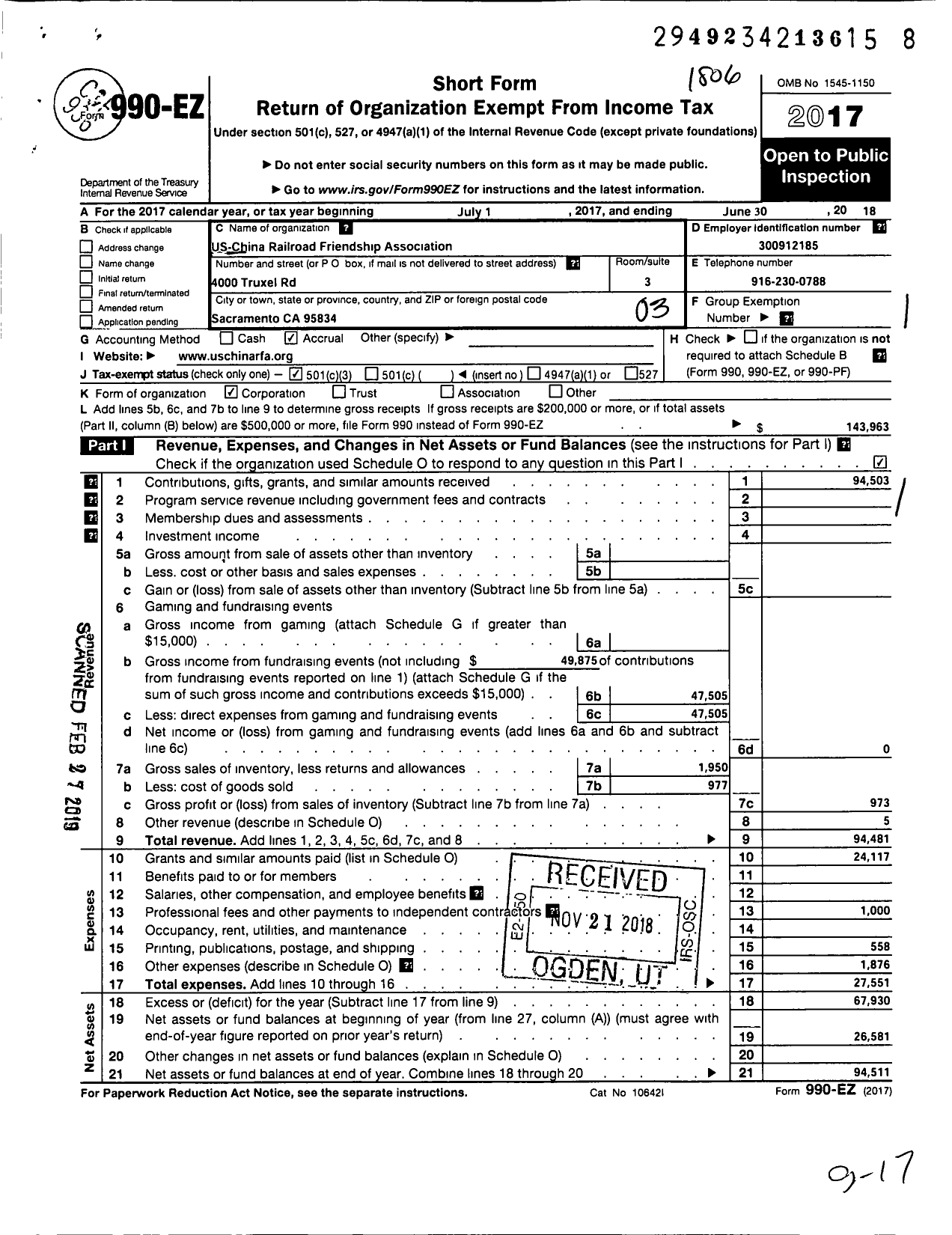 Image of first page of 2017 Form 990EZ for Us - China Railroad Friendship Association