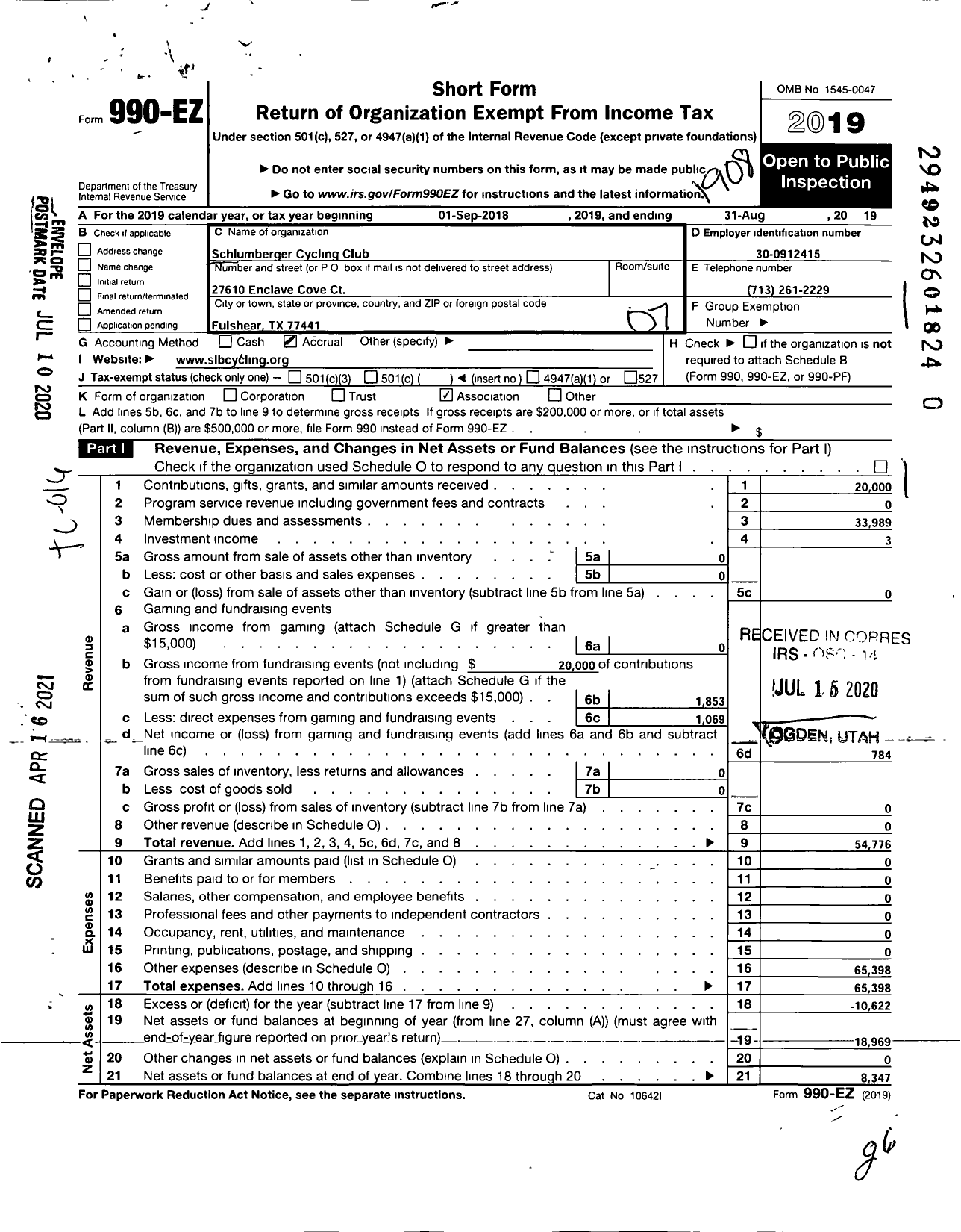 Image of first page of 2018 Form 990EO for Schlumberger Cycling Club