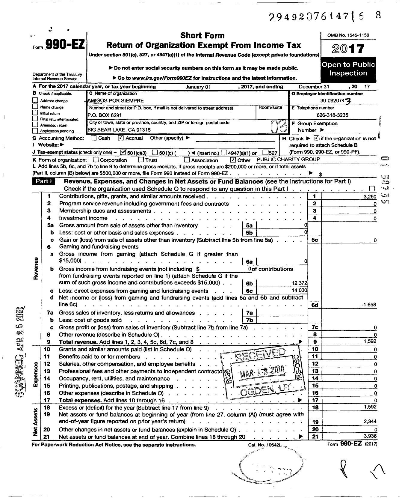 Image of first page of 2017 Form 990EZ for Amigos Por Siempre