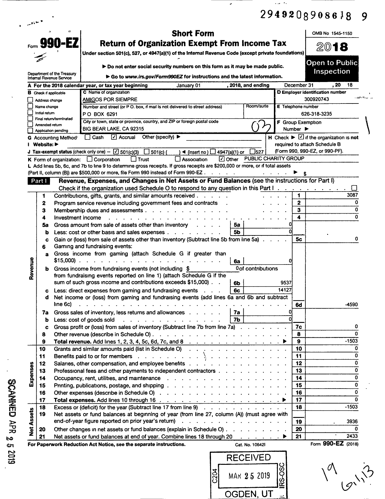 Image of first page of 2018 Form 990EZ for Amigos Por Siempre