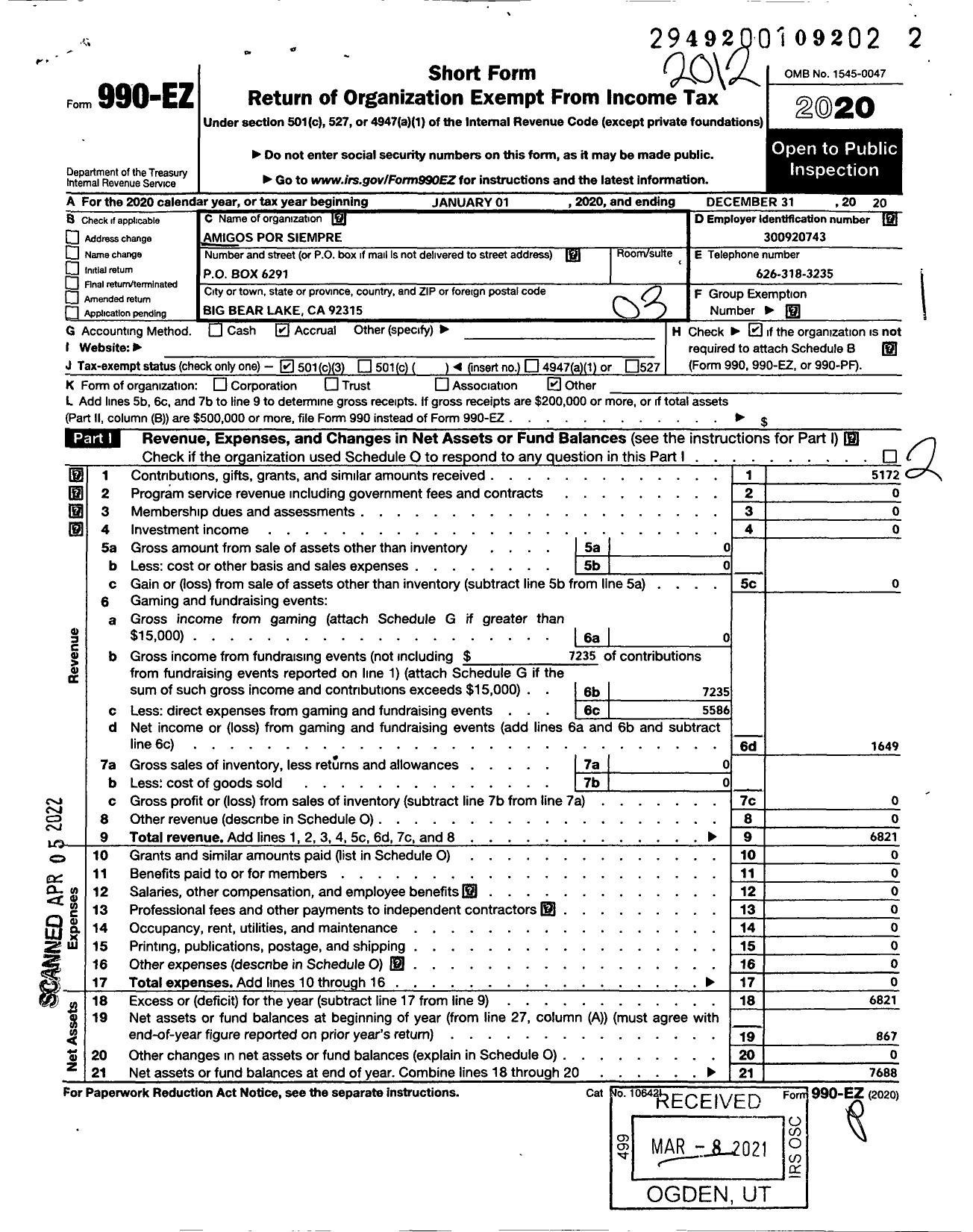 Image of first page of 2020 Form 990EZ for Amigos Por Siempre