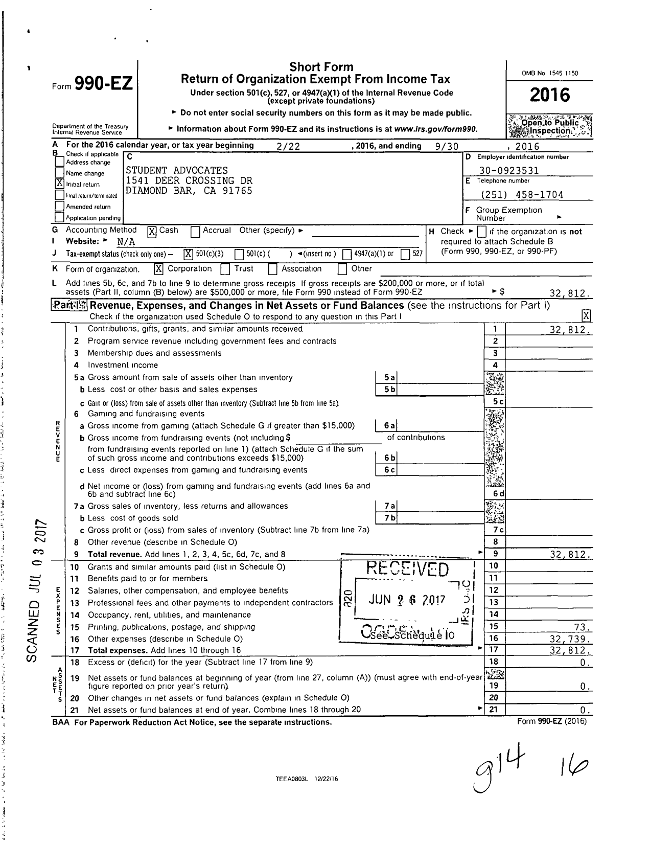 Image of first page of 2015 Form 990EZ for Student Advocates