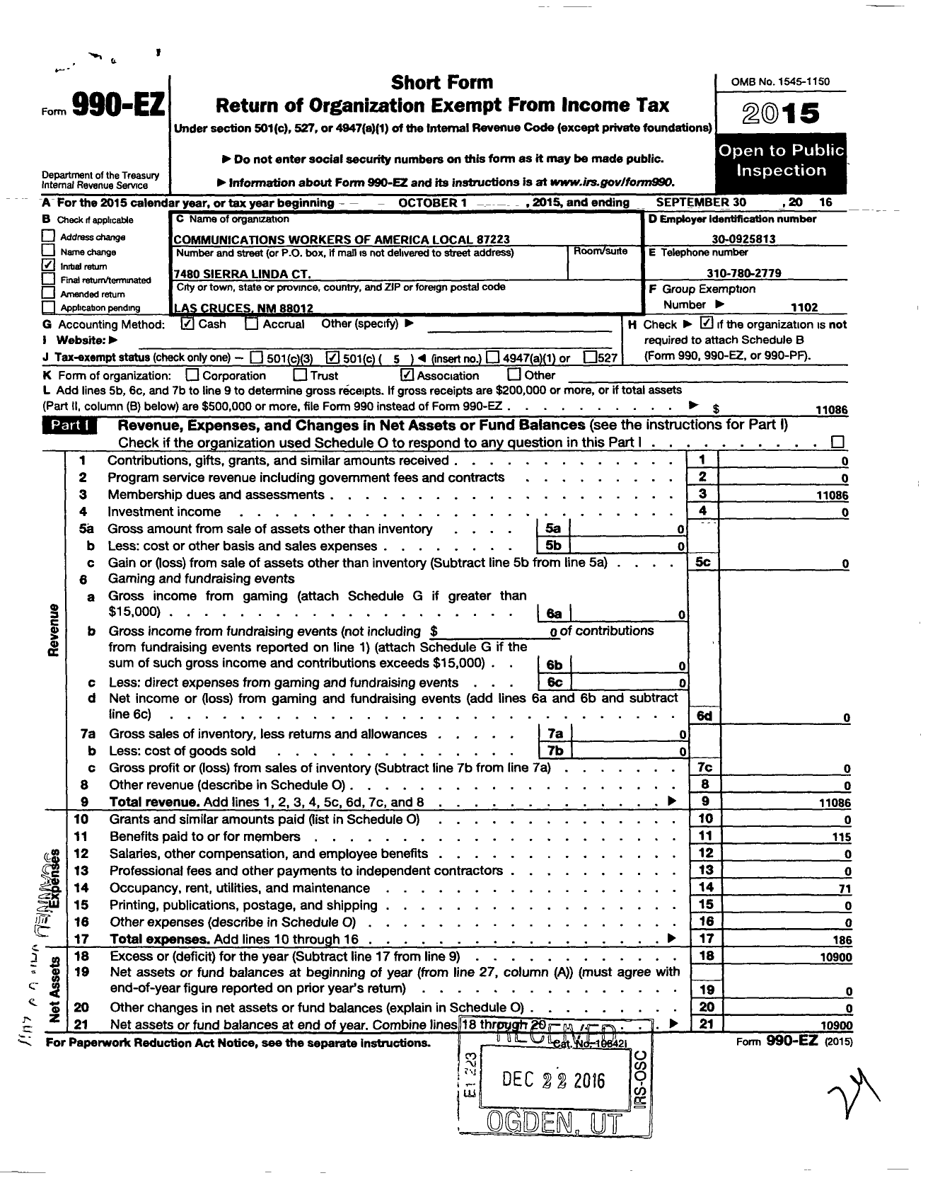 Image of first page of 2015 Form 990EO for Communications Workers of America - 87223 Cwa Local